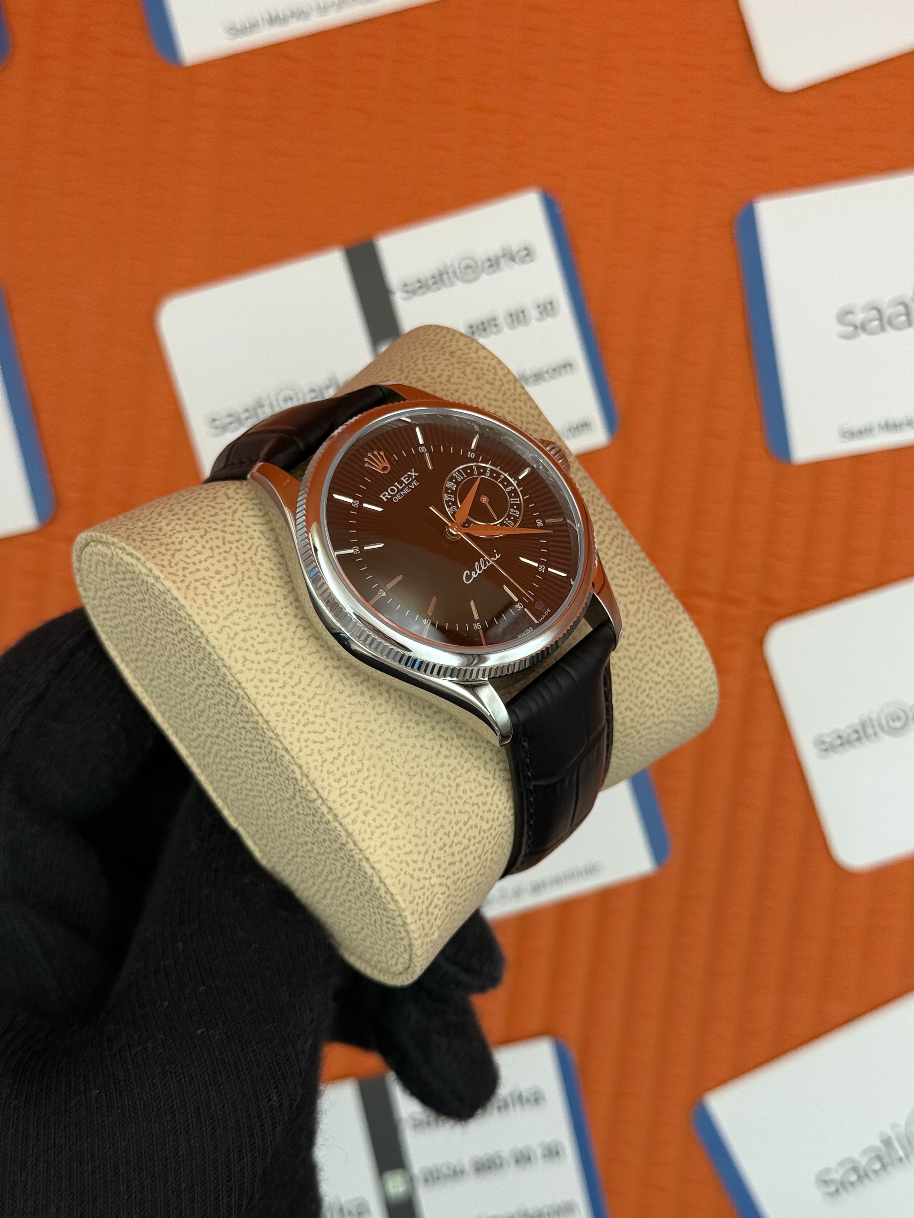 ROLEX Cellini silver kasa siyah kadran siyah deri kordon