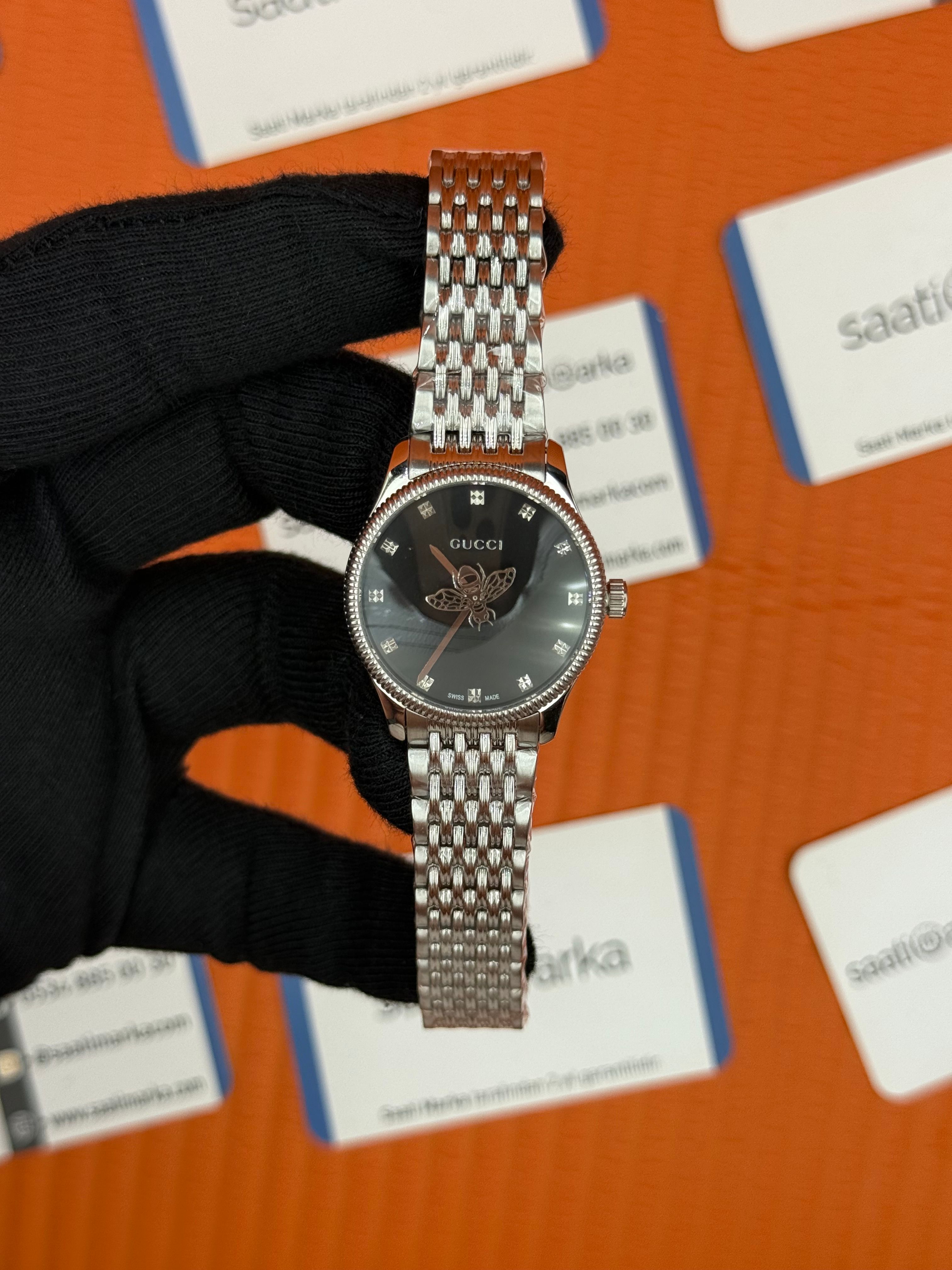 GUCCI YA126502 siyah kadran silver kasa kordon kadın kol saati