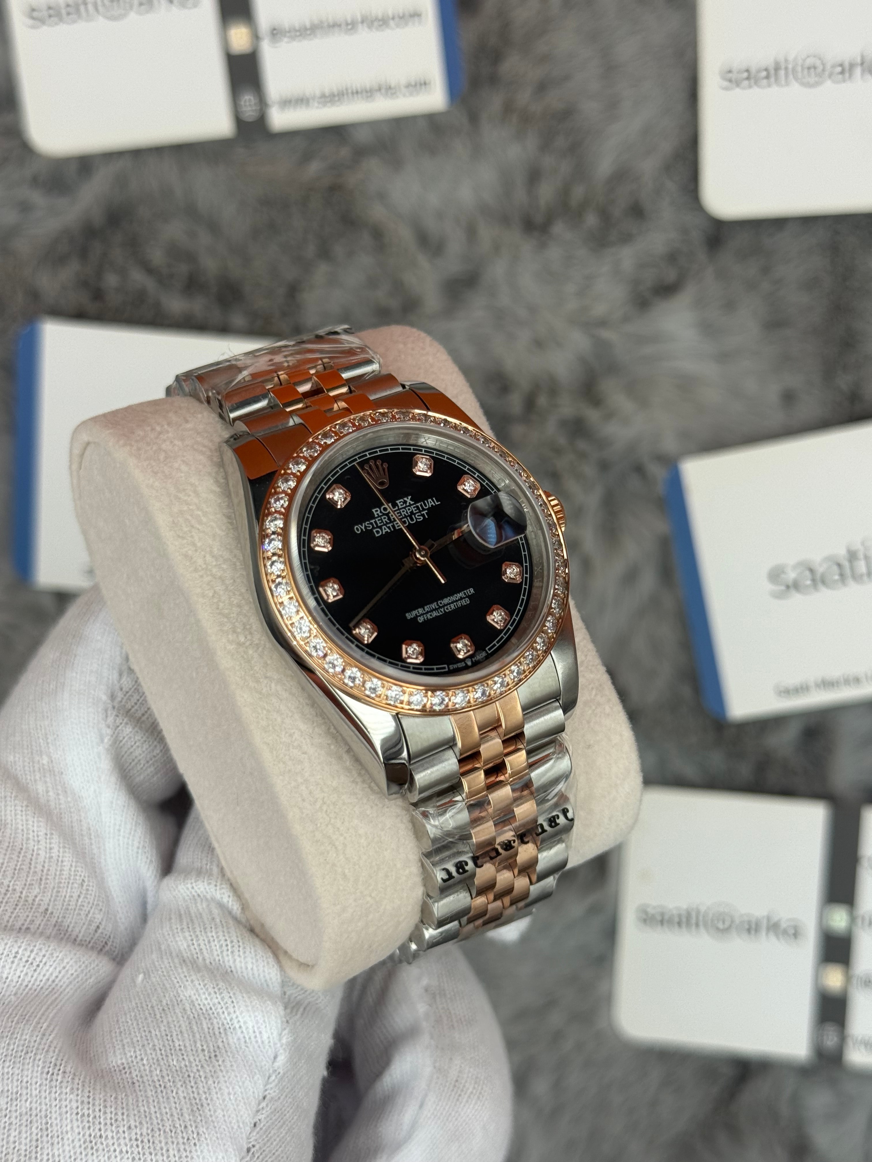 ROLEX Datejust 36mm siyah kadran taşlı bezel rose silver jubilee kordon