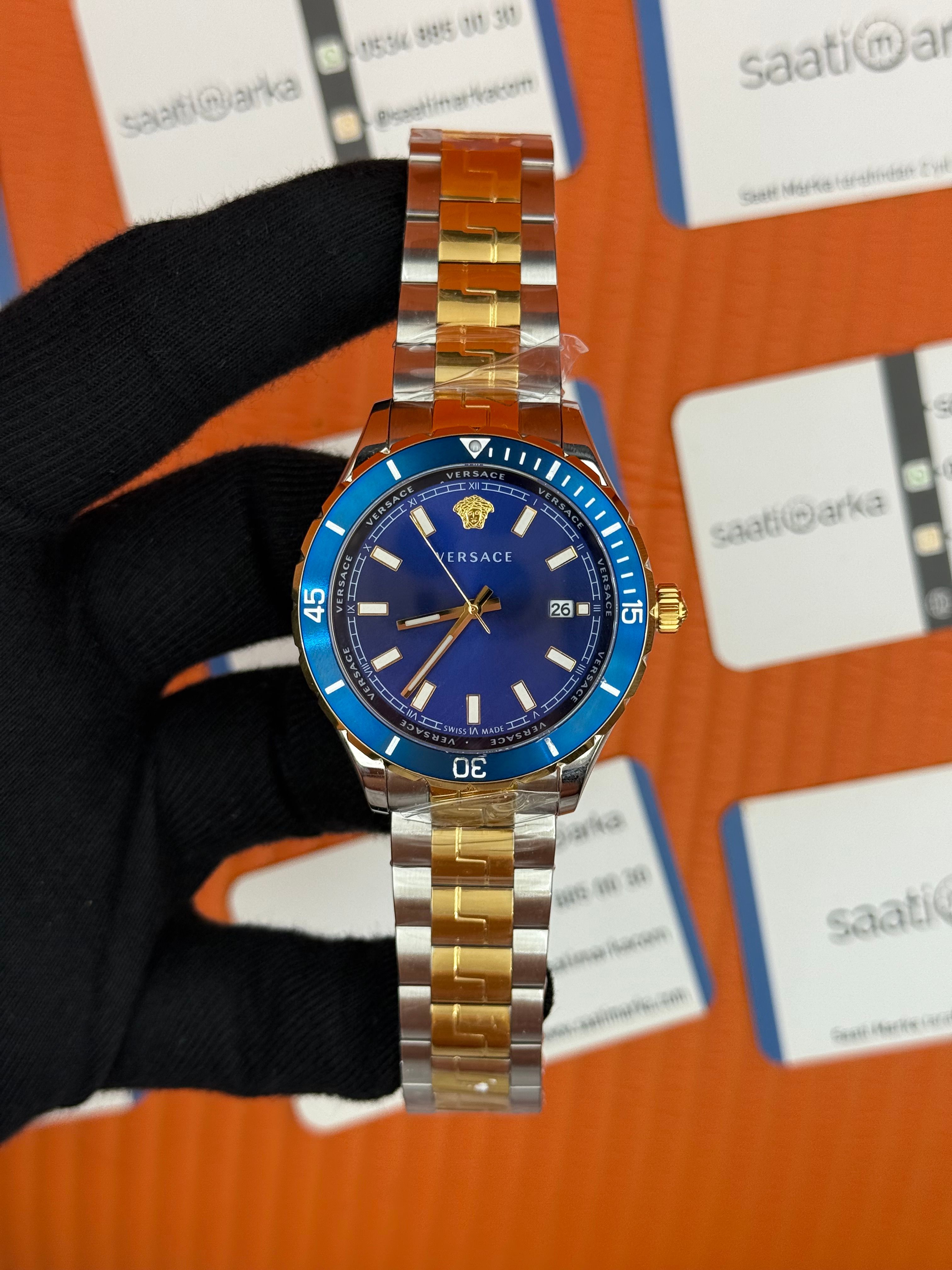 VERSACE MAVİ KADRAN MAVİ BEZEL GOLD SİLVER KASA KORDON ERKEK KOL SAATİ