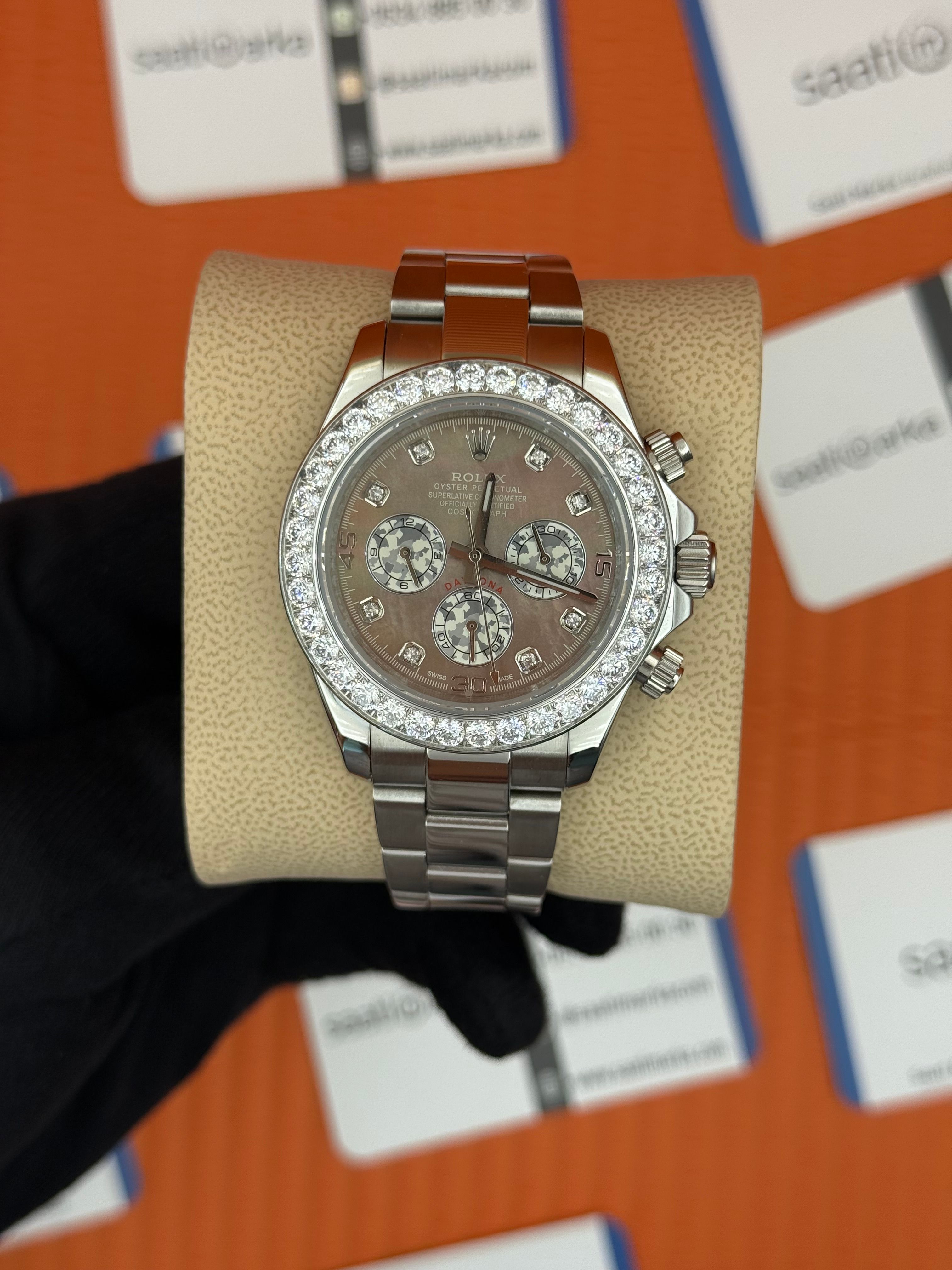 ROLEX Daytona taşlı bezel grey dial silver kasa-kordon