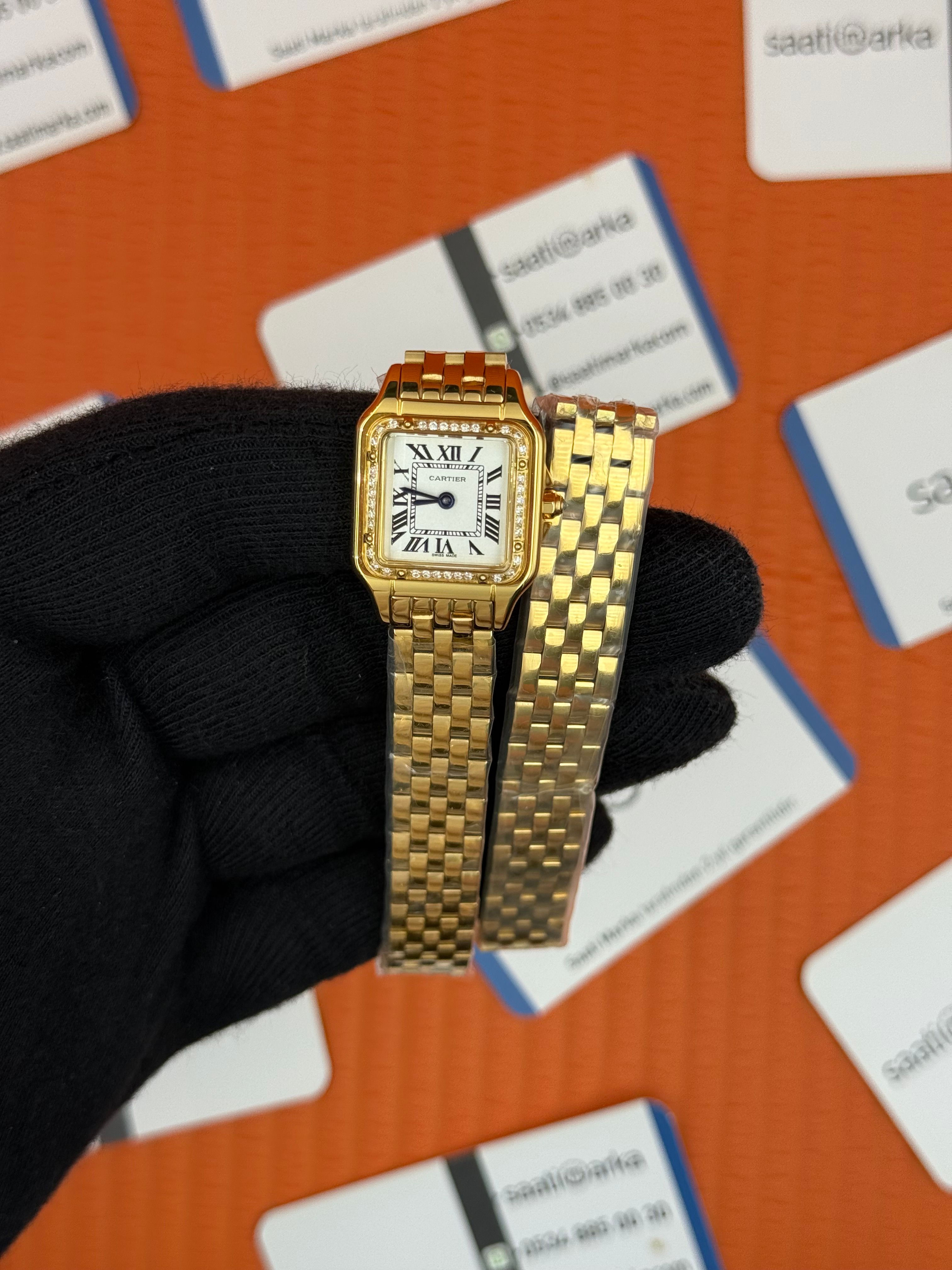 CARTIER Panthere 22mm çift sarma gold kordon taşlı bezel gold kasa 