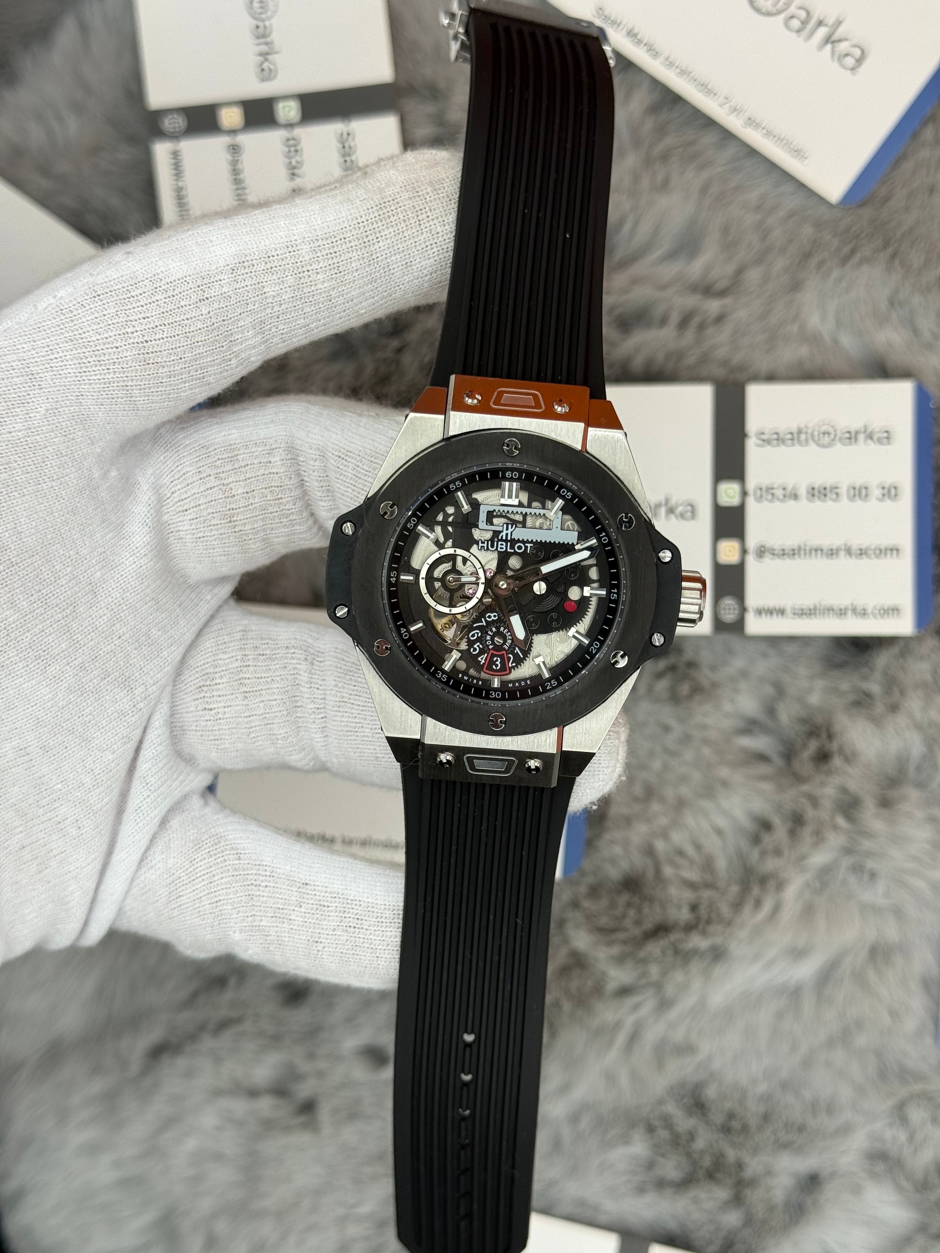 HUBLOT big bang tourbillon 42mm silver kasa siyah kauçuk kordon erkek kol saati