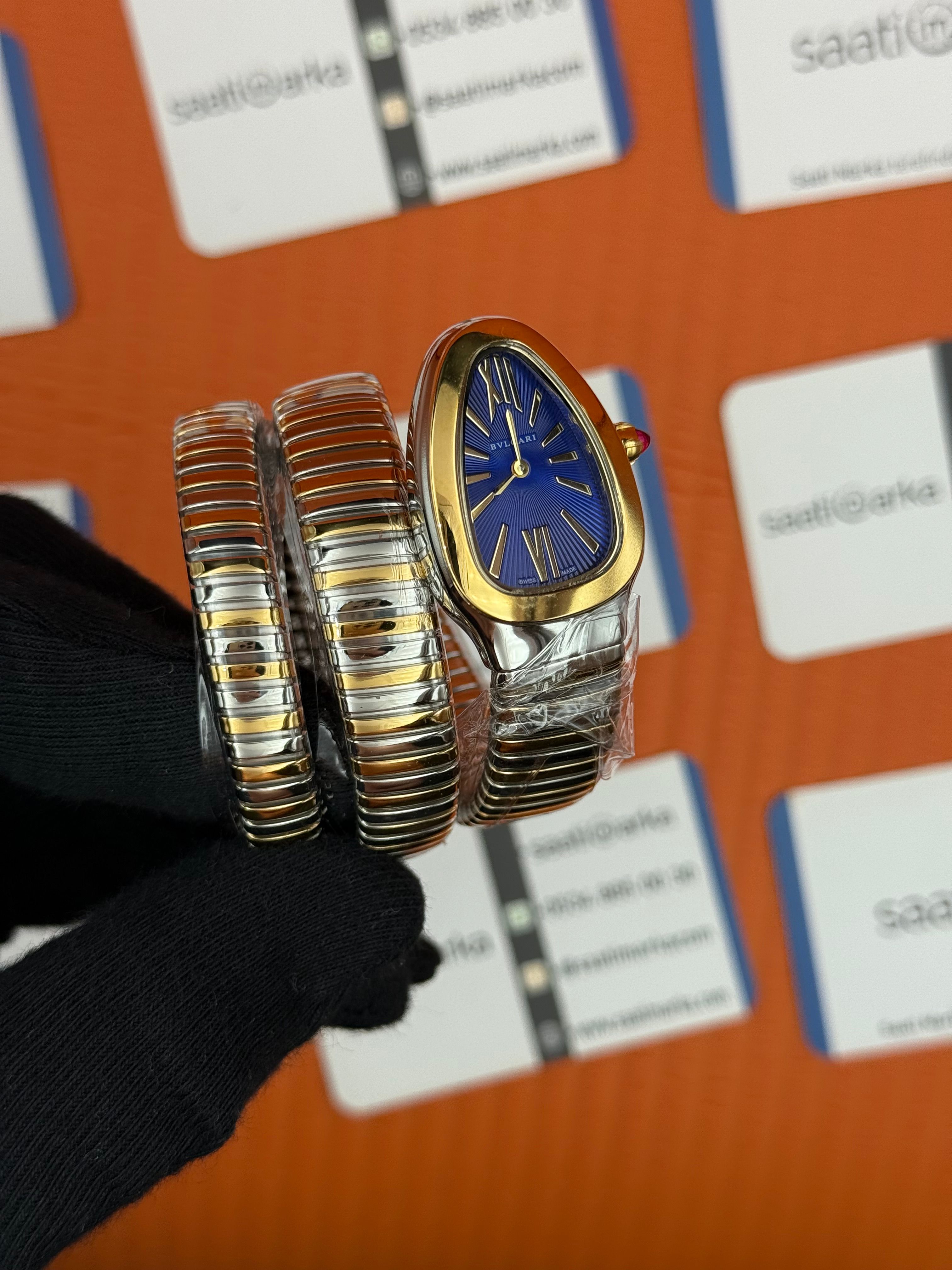 BVLGARİ serpenti çift sarma gold silver kordon mavi kadran kadın kol saati