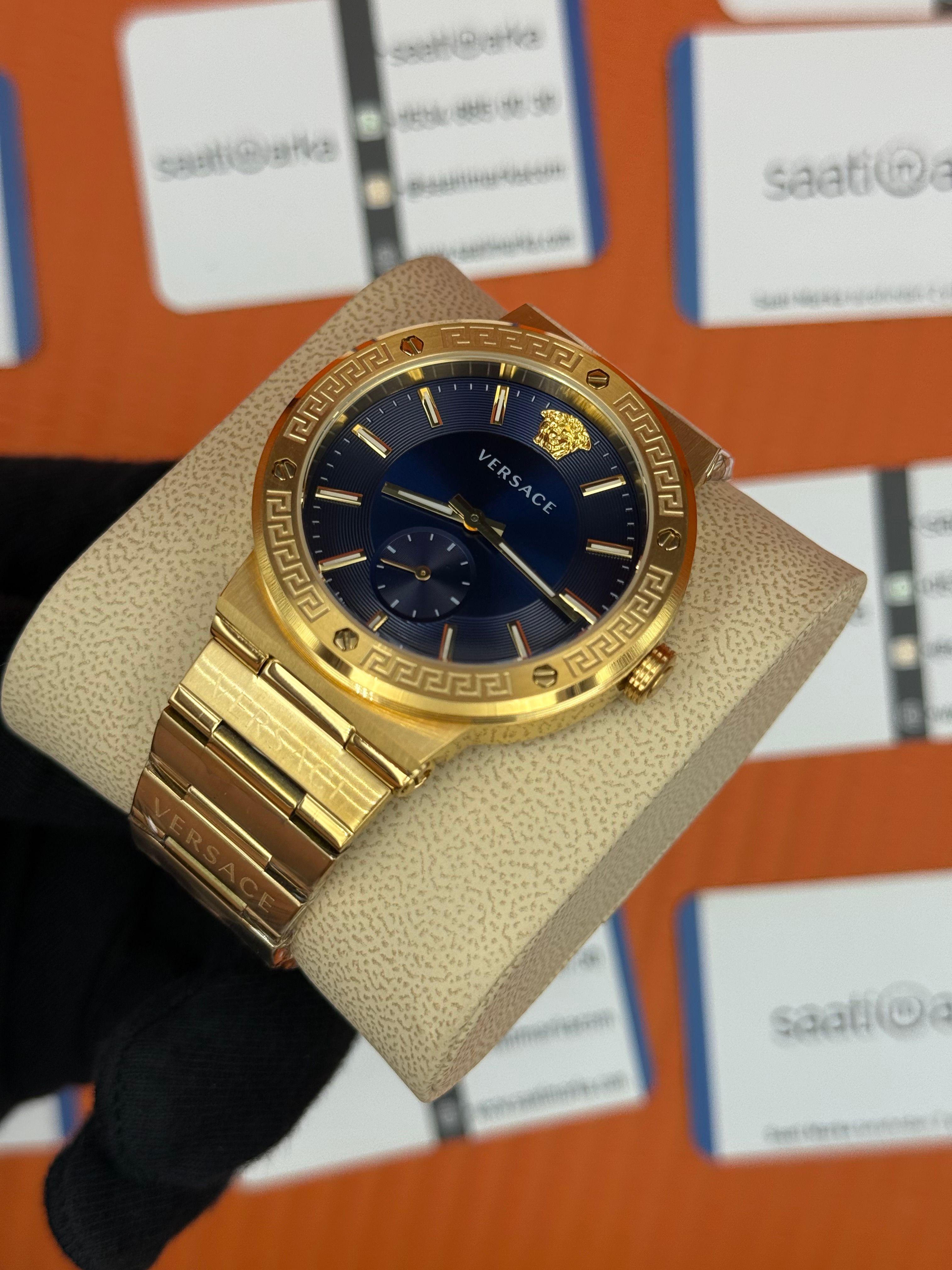 VERSACE mavi kadran gold kasa kordon erkek kol saati