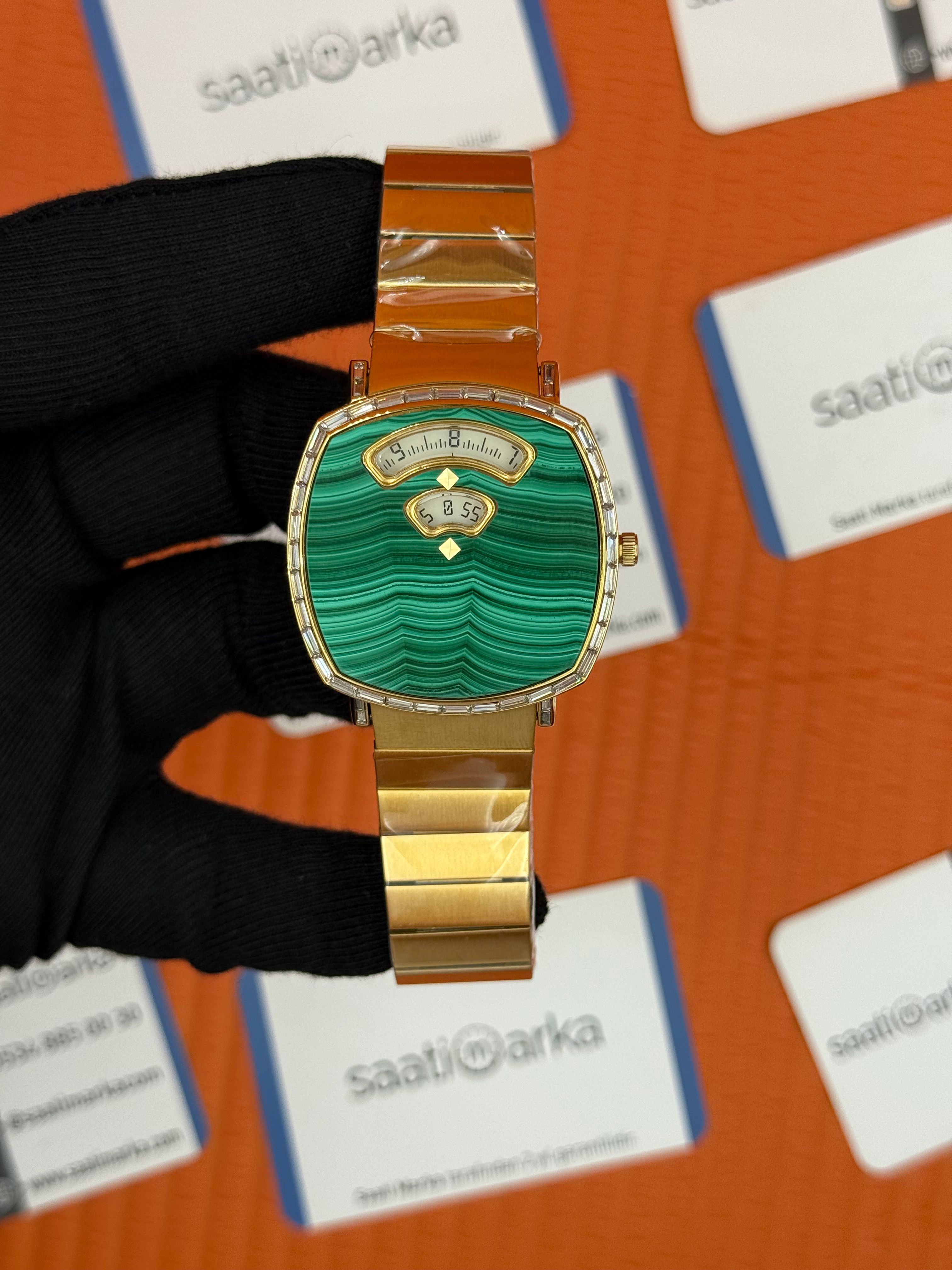 GUCCI GRIP yeşil gold kordon taşlı bezel kadın kol saati