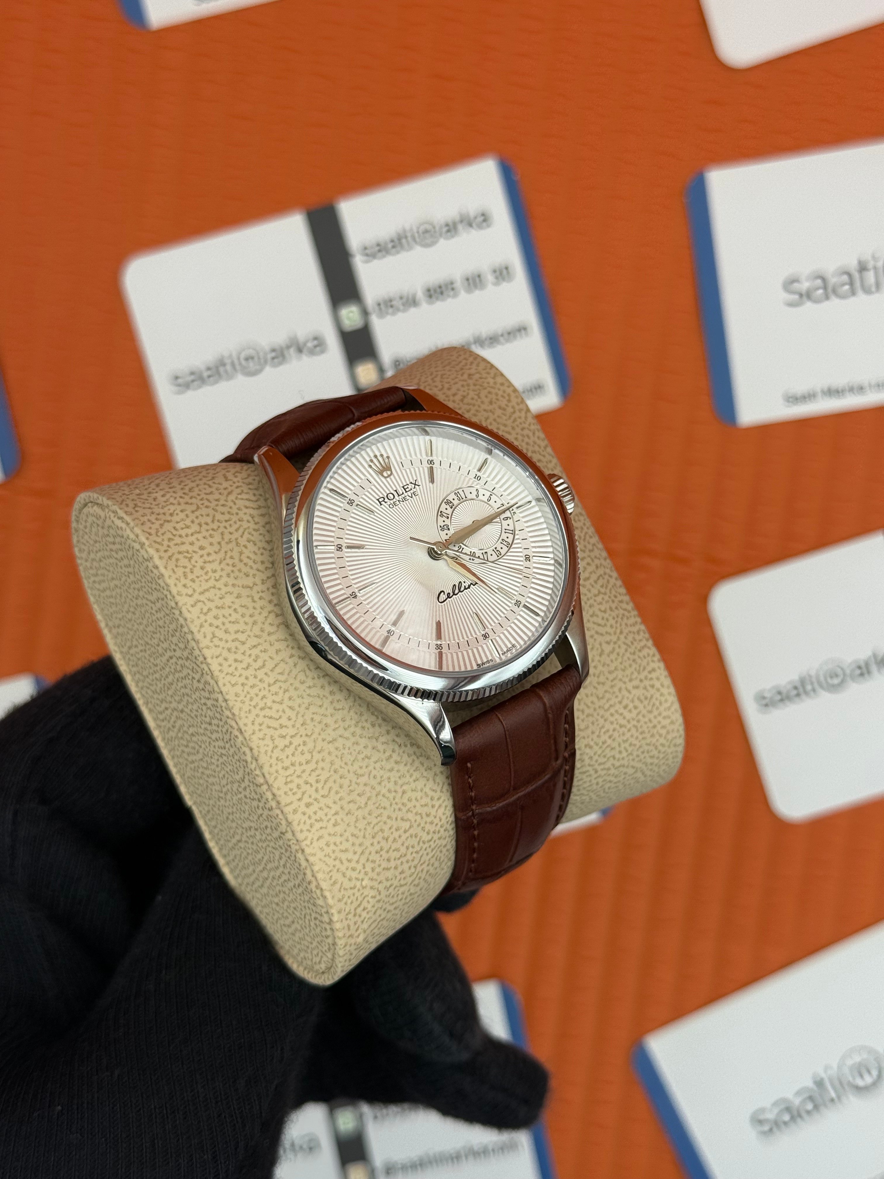 ROLEX Cellini silver kasa beyaz kadran kahverengi deri kordon