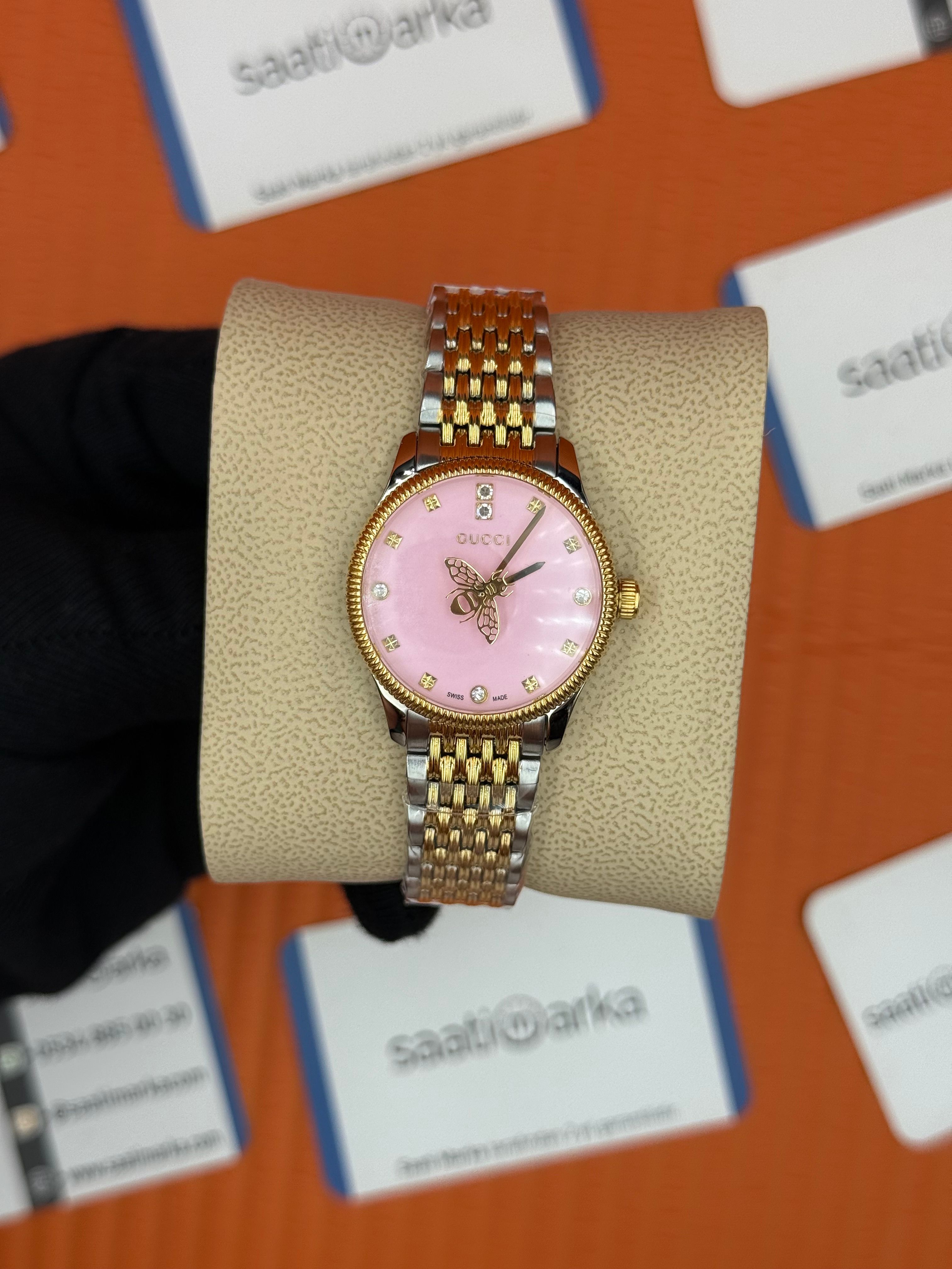GUCCI pembe kadran gold silver kasa kordon kadın kol saati