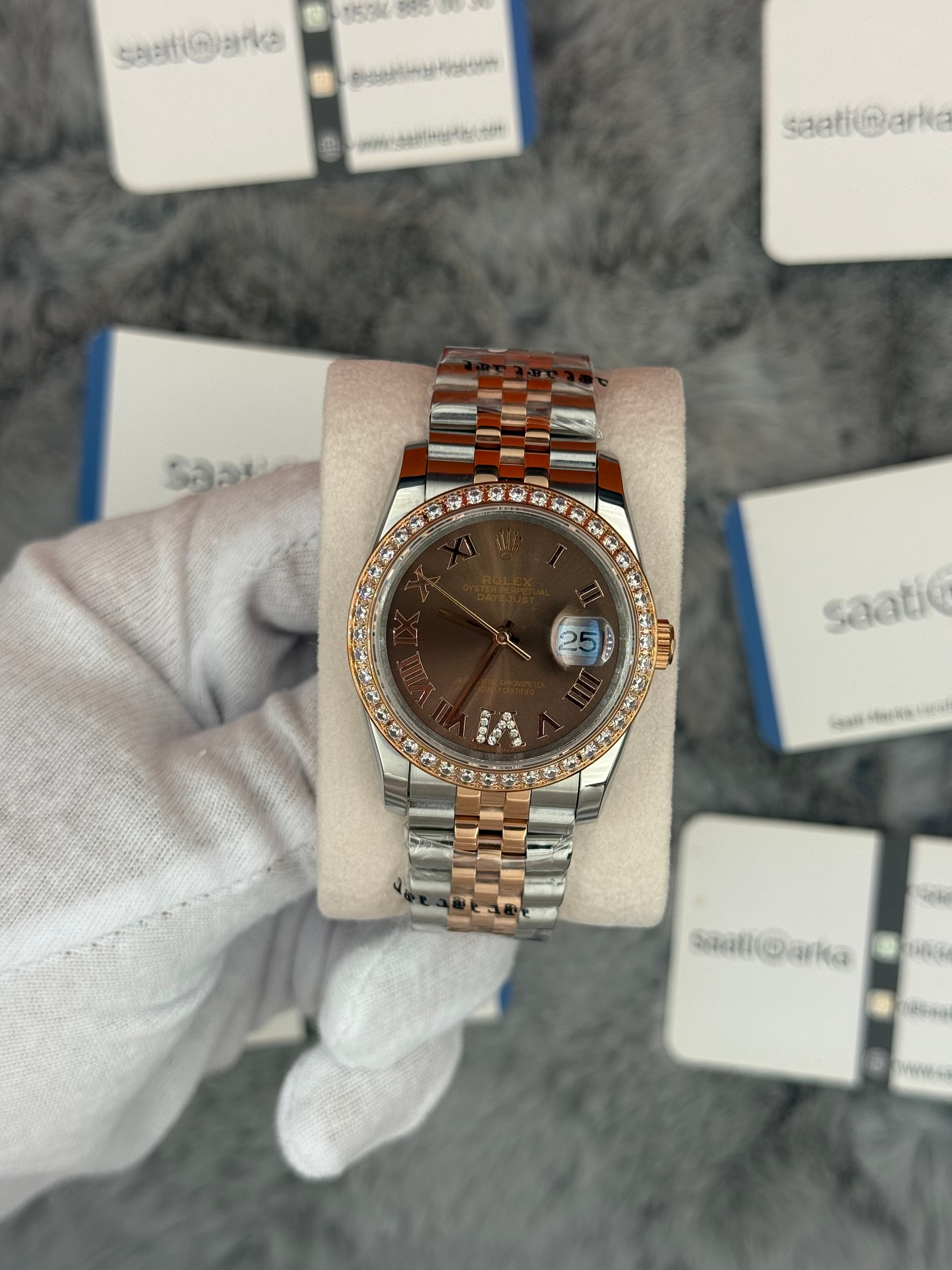 ROLEX Datejust 36mm kahverengi kadran taşlı bezel silver kasa rose silver jubilee kordon