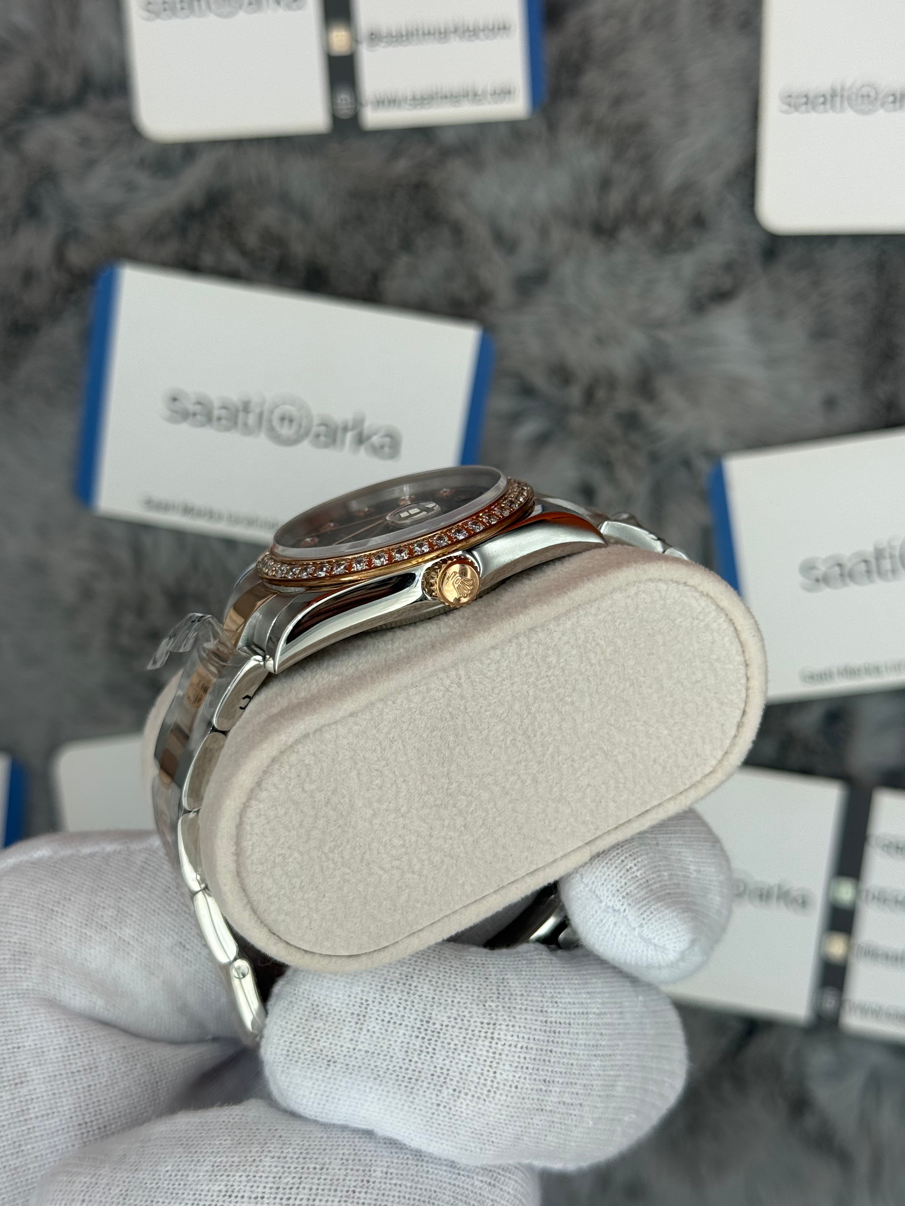 ROLEX Datejust 36mm siyah baget taşlı kadran taşlı bezel silver kasa rose silver oyster kordon 