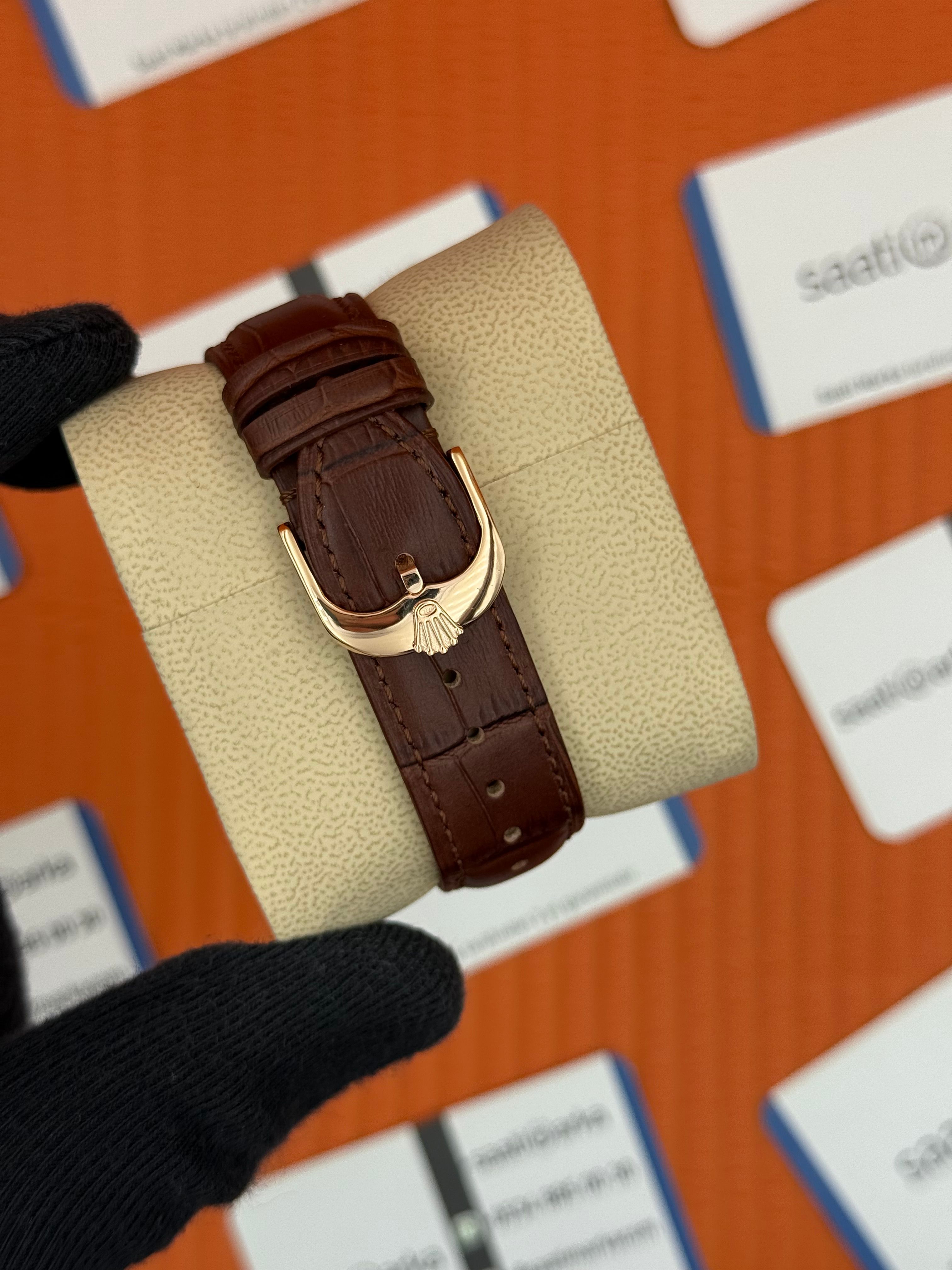 ROLEX Cellini rose kasa beyaz kadran kahverengi deri kordon