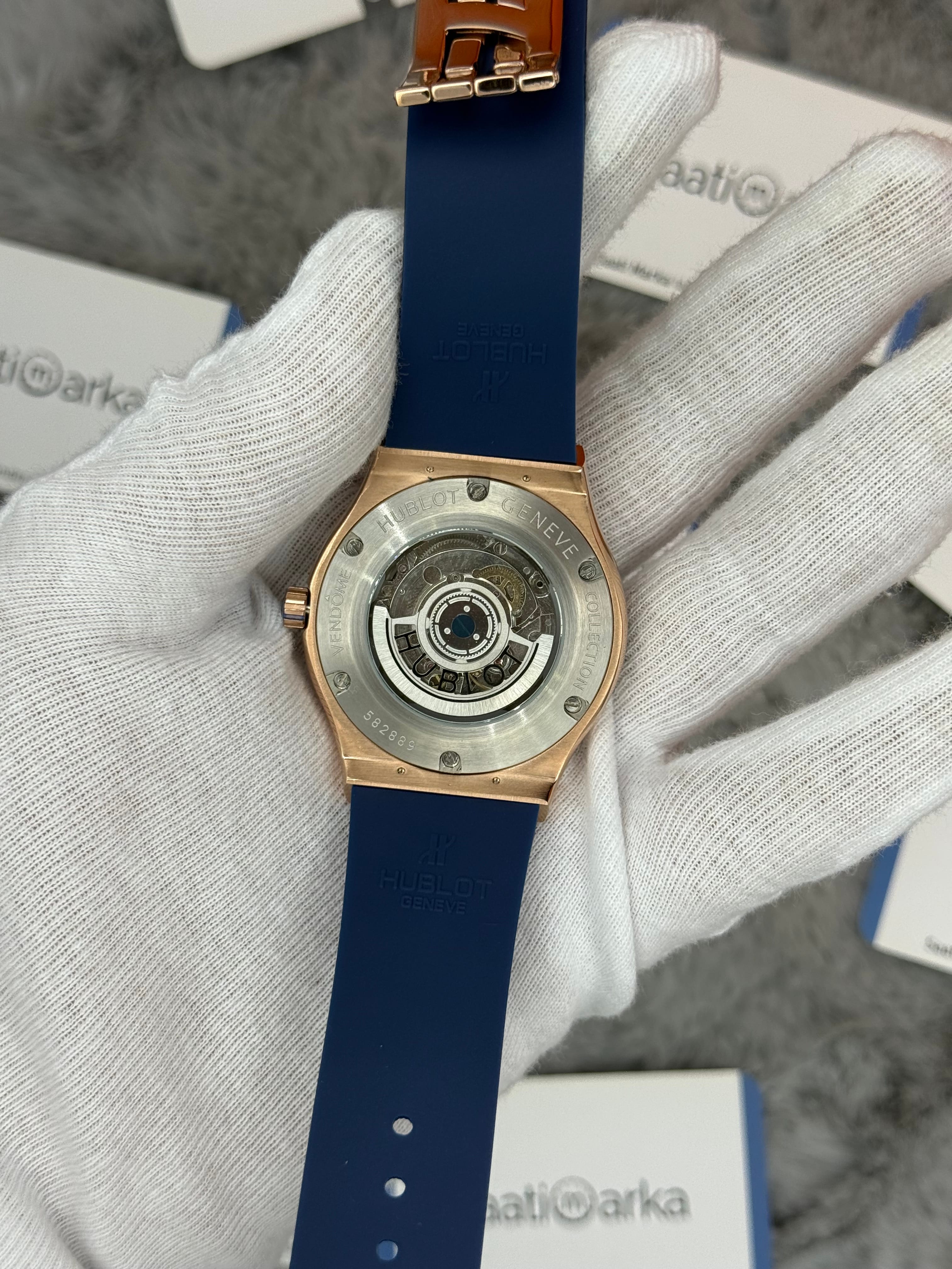 HUBLOT vendome 41mm rose kasa lacivert kadran lacivert kauçuk kordon erkek kol saati