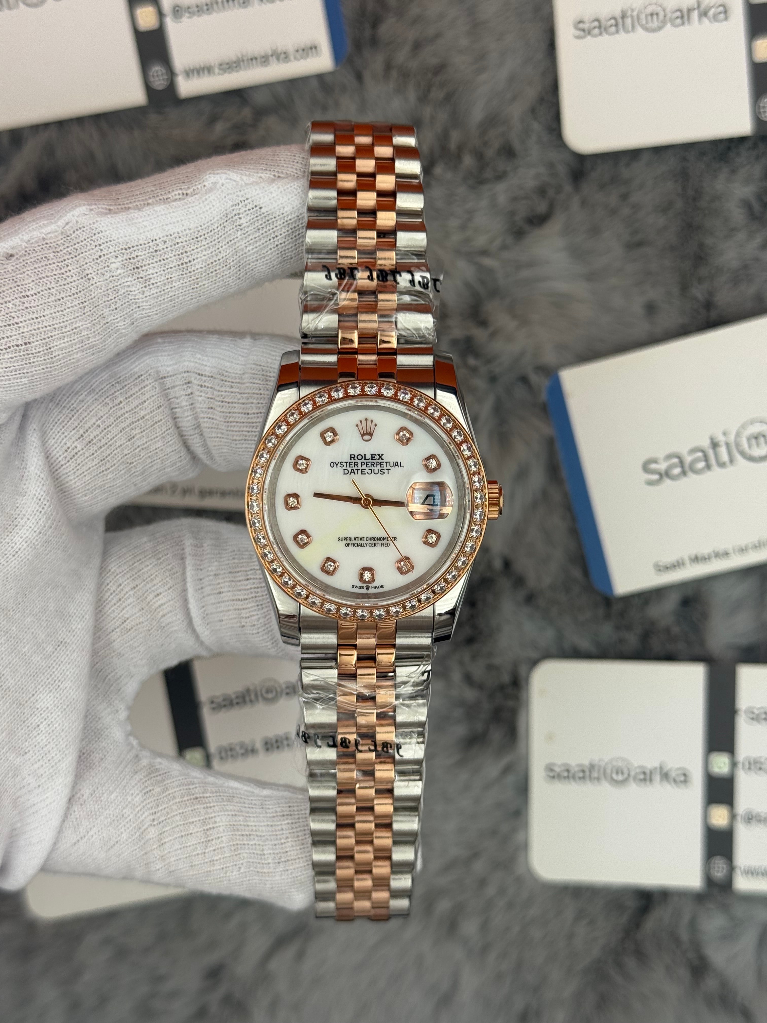 ROLEX Datejust 36mm beyaz kadran taşlı bezel silver kasa rose silver jubilee kordon