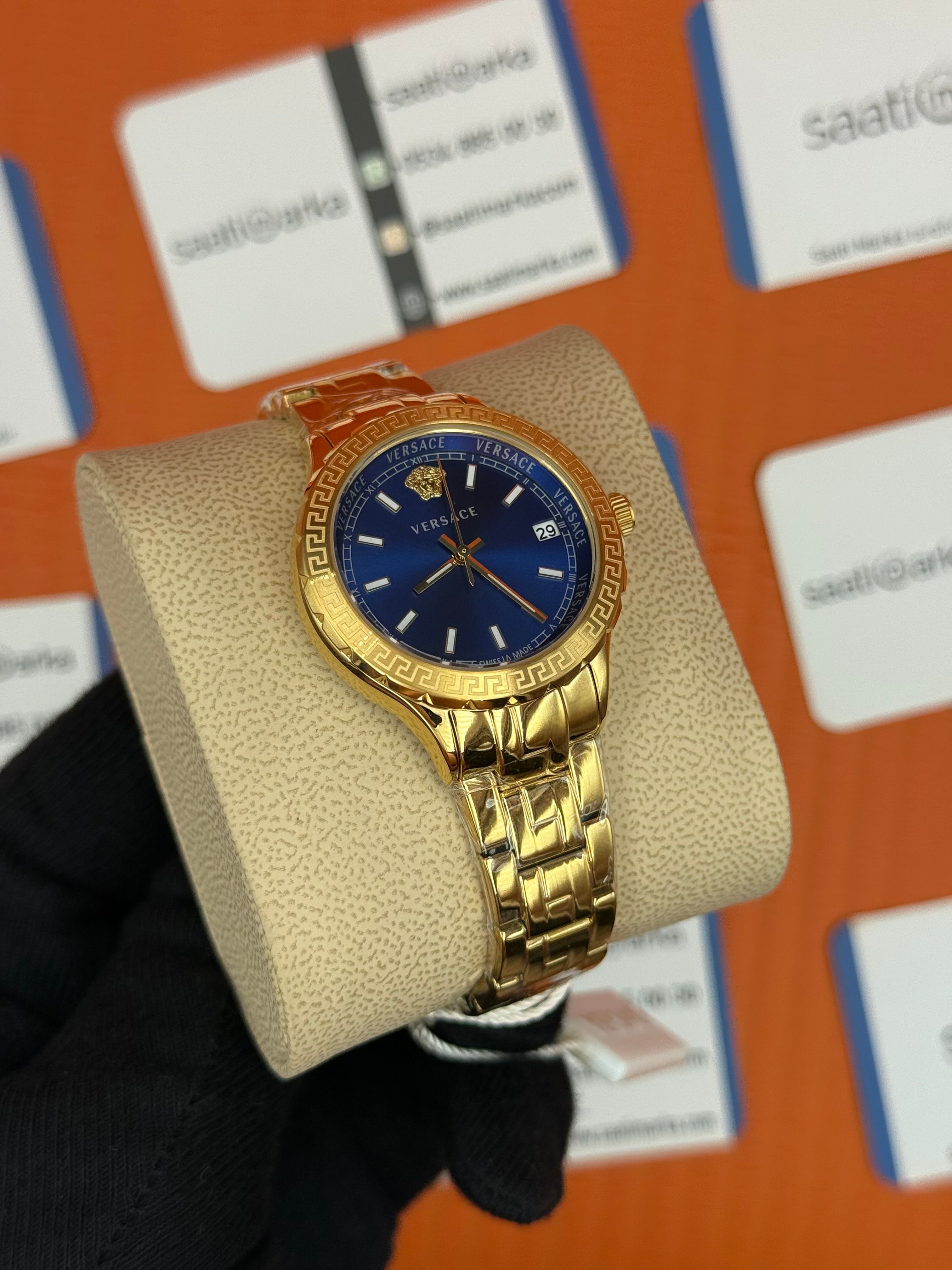 VERSACE mavi kadran gold kasa kordon kadın kol saati