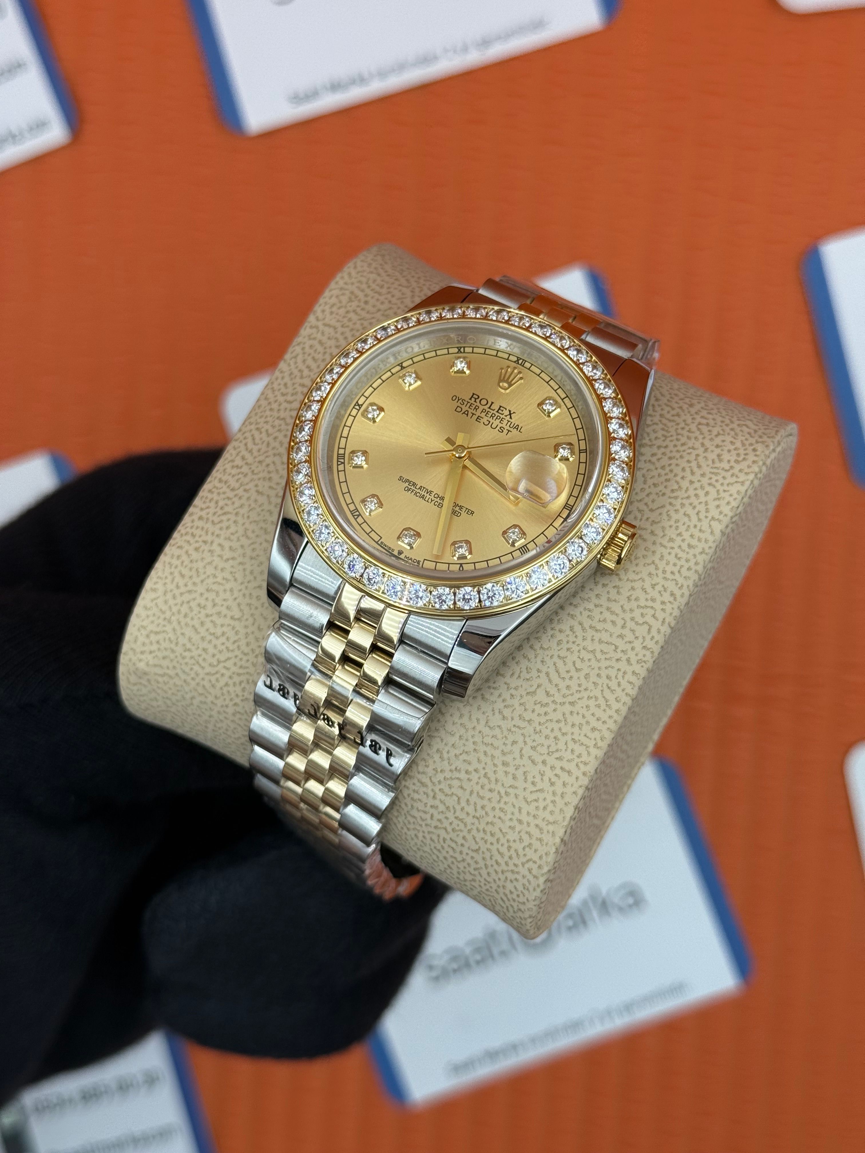 ROLEX Datejust taşlı bezel champagne baget taşlı dial gold silver jubilee kordon
