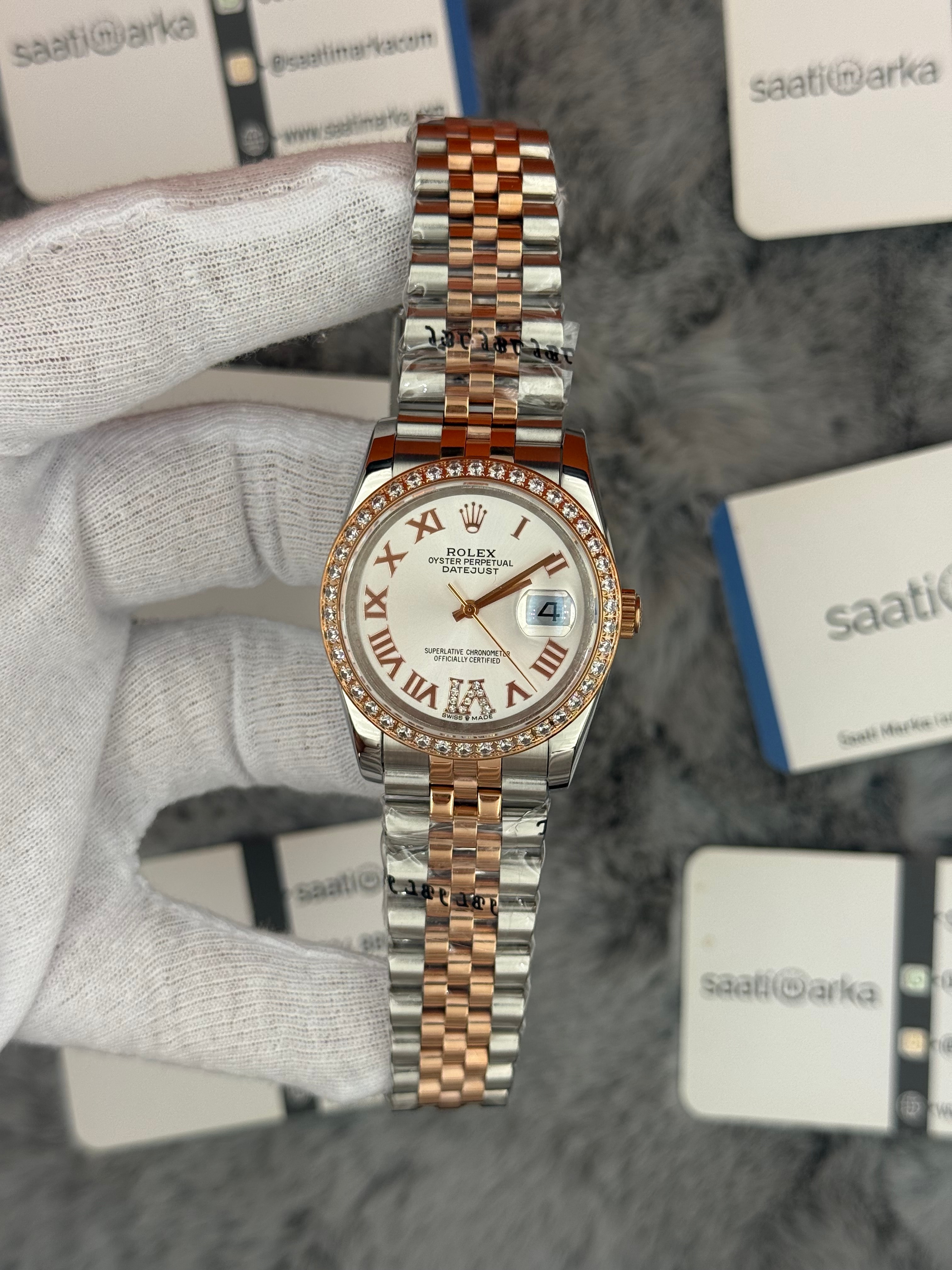 ROLEX Datejust 36mm beyaz kadran taşlı bezel silver kasa rose silver jubilee kordon