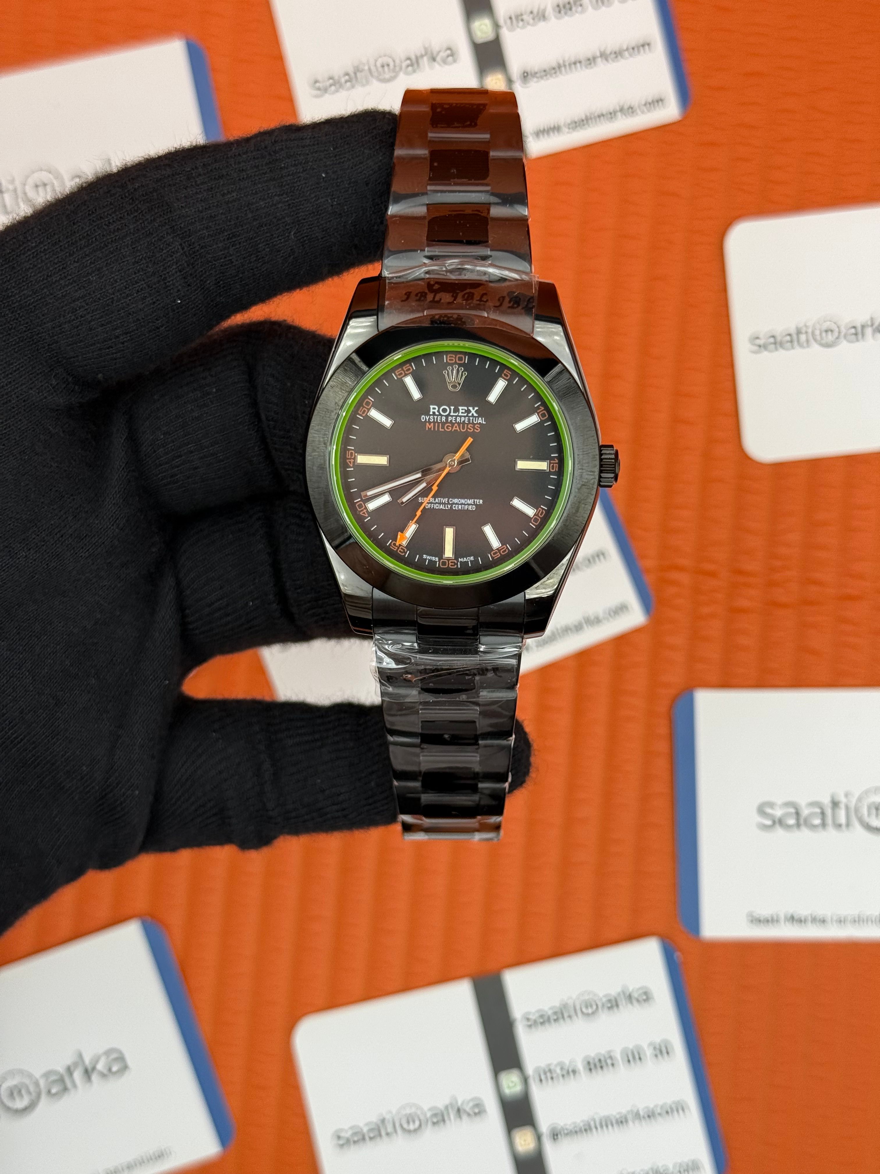 ROLEX Milgauss siyah kadran siyah kasa kordon