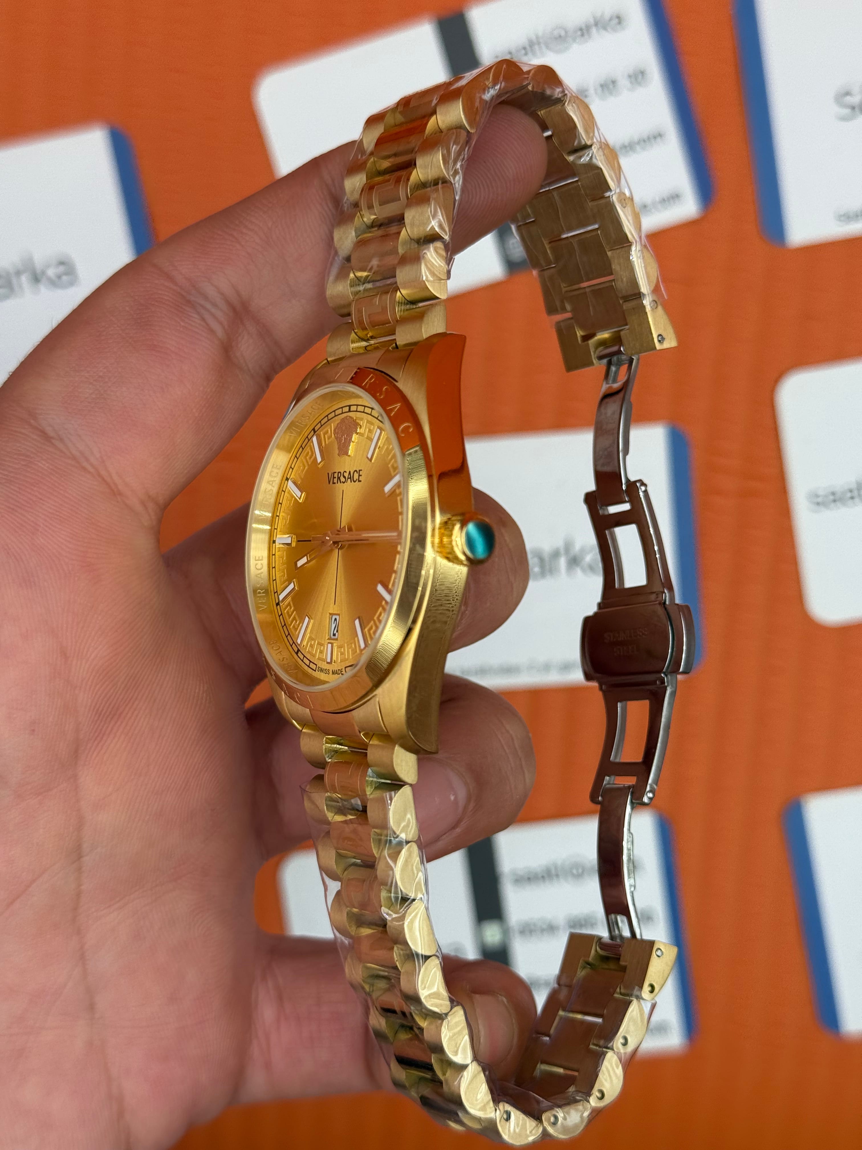 VERSACE 40mm gold kadran gold kasa kordon erkek kol saati