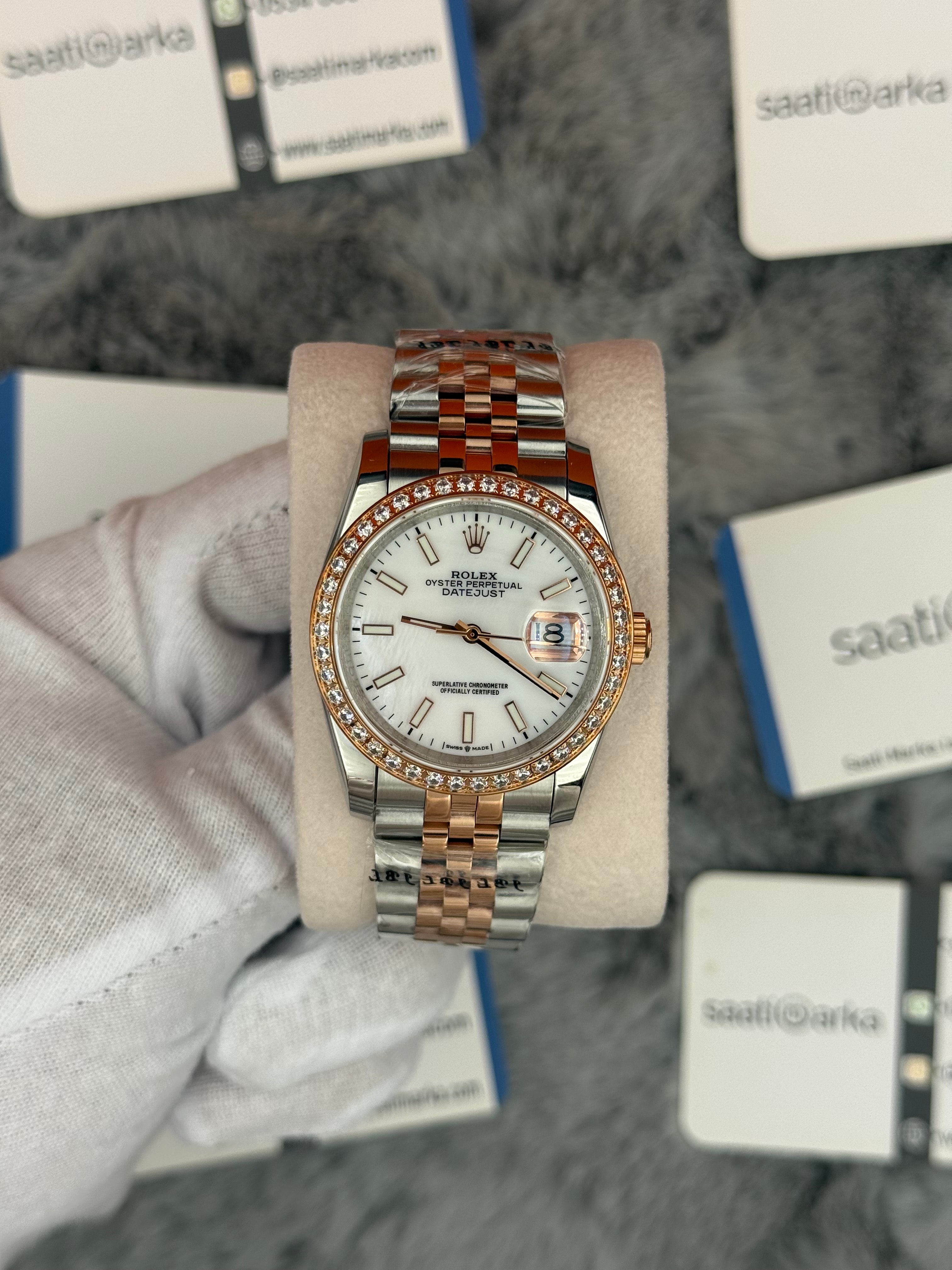 ROLEX datejust 36mm beyaz kadran taşlı bezel silver kasa rose silver jubilee kordon