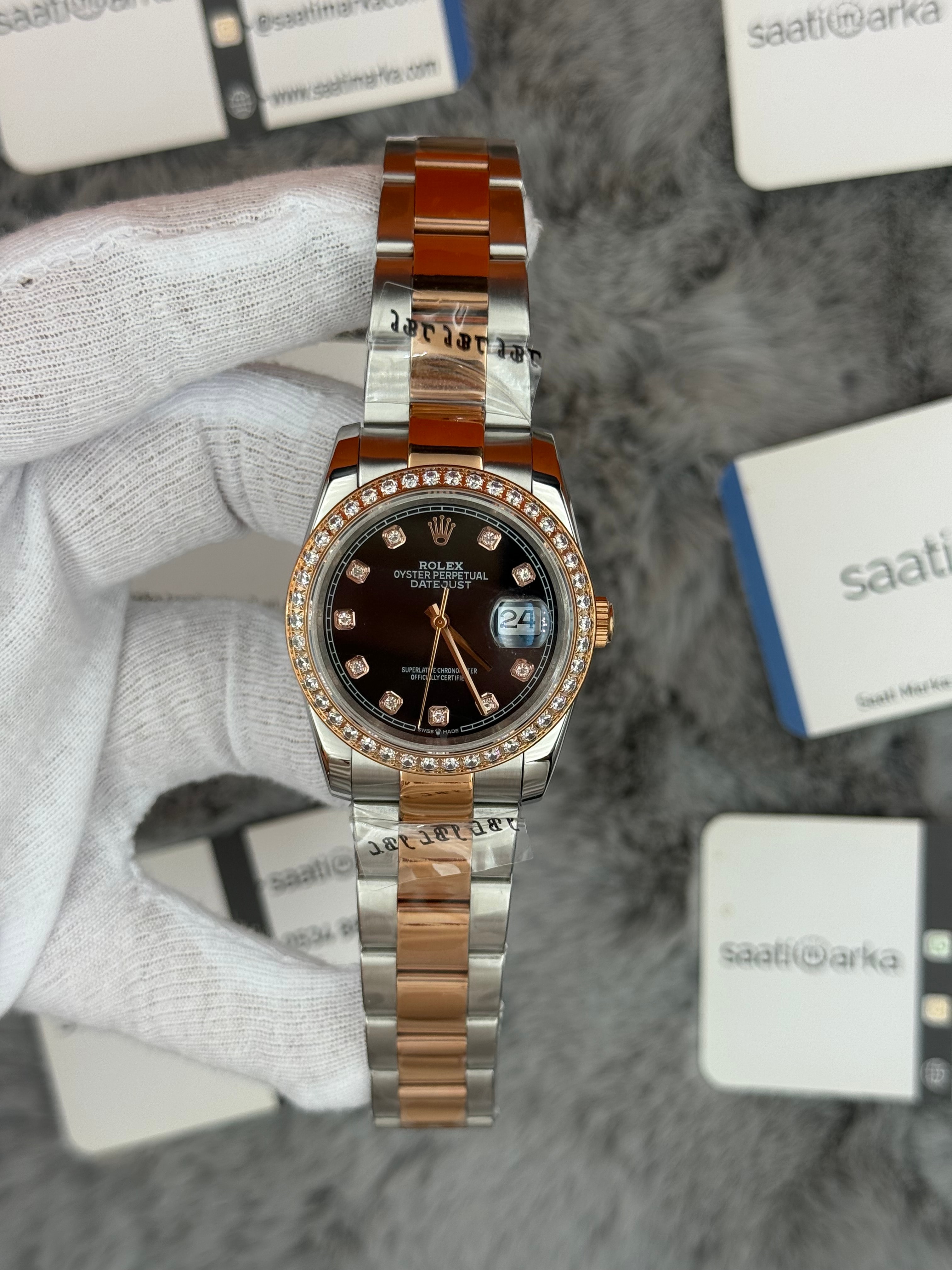 ROLEX Datejust 36mm siyah baget taşlı kadran taşlı bezel silver kasa rose silver oyster kordon 
