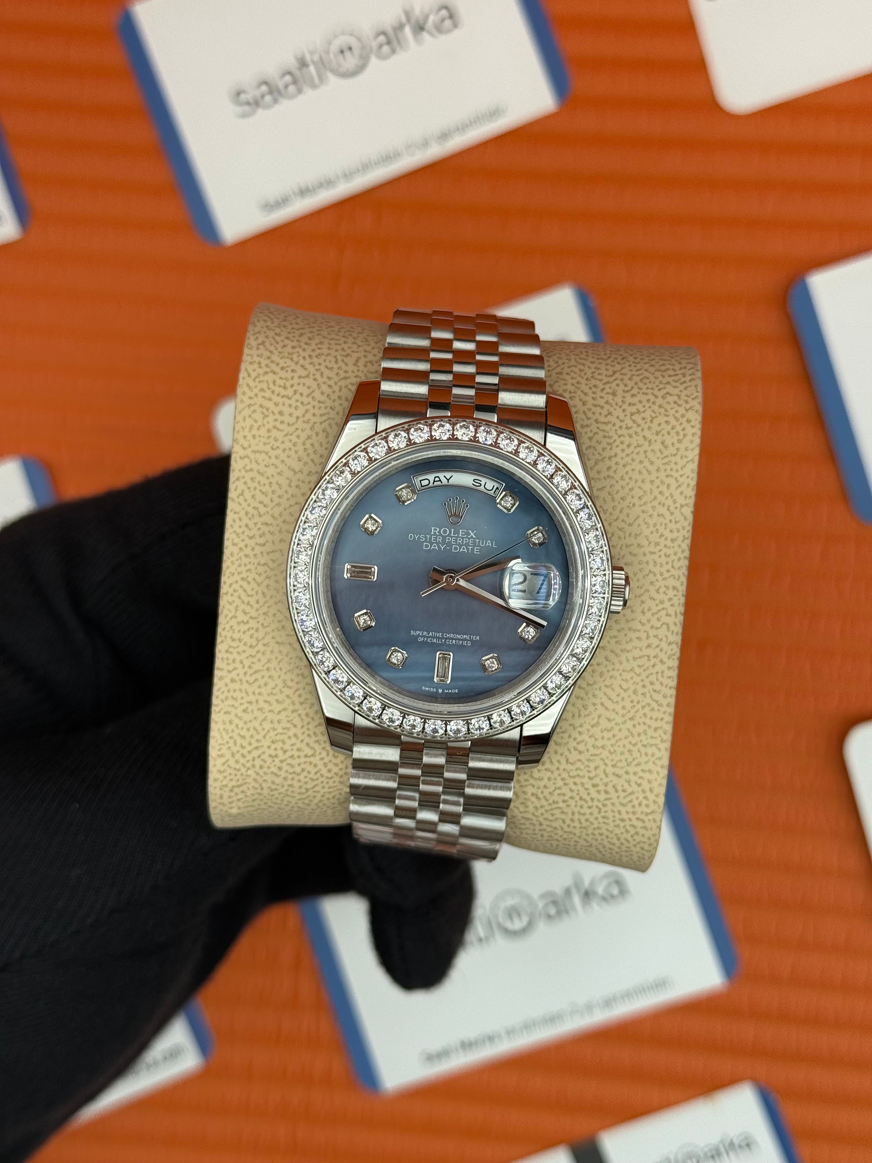 ROLEX Day  taşlı bezel Date baget taşlı bulut kadran  silver jubilee kordon