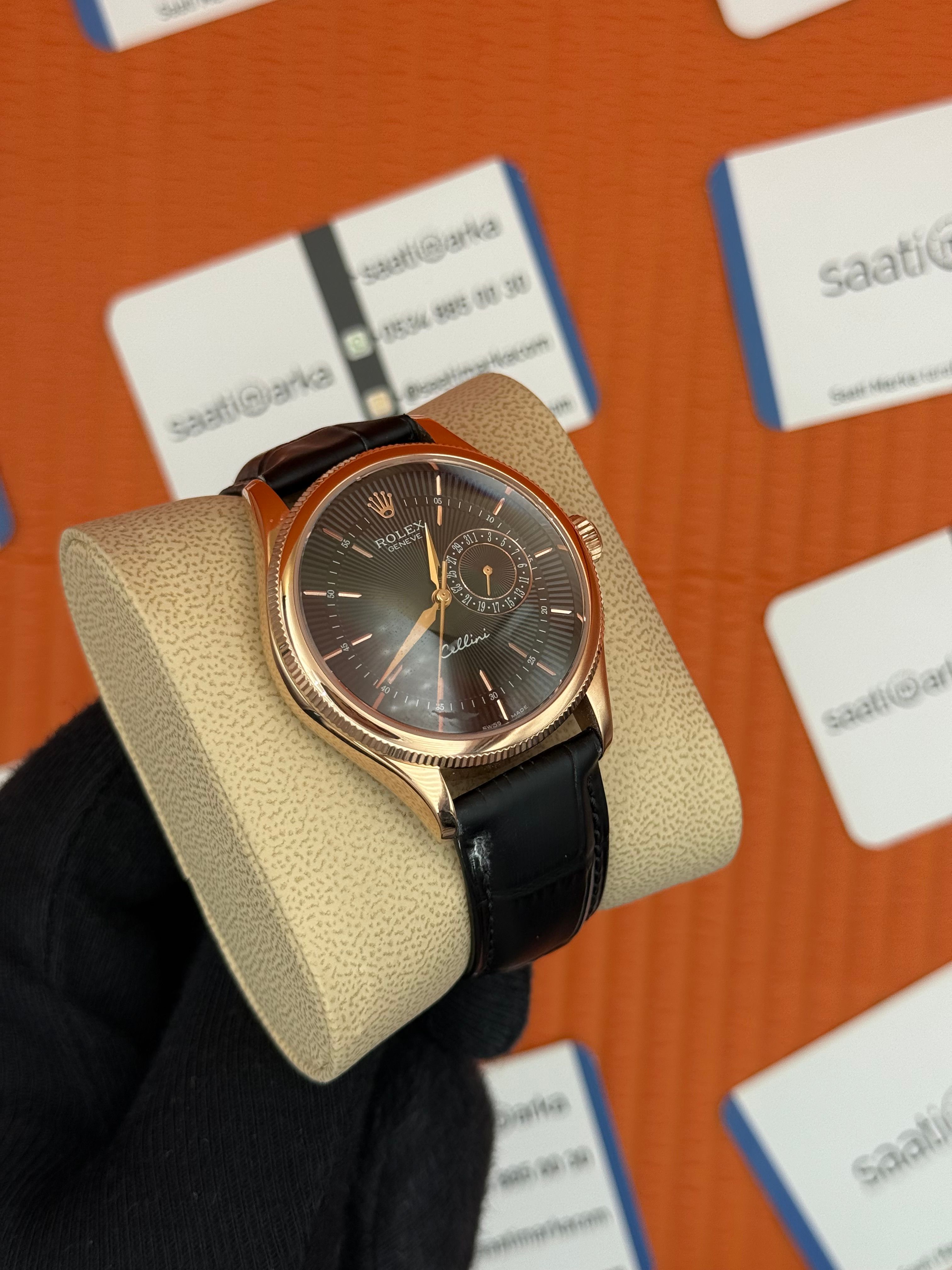 ROLEX Cellini rose kasa siyah kadran siyah deri kordon