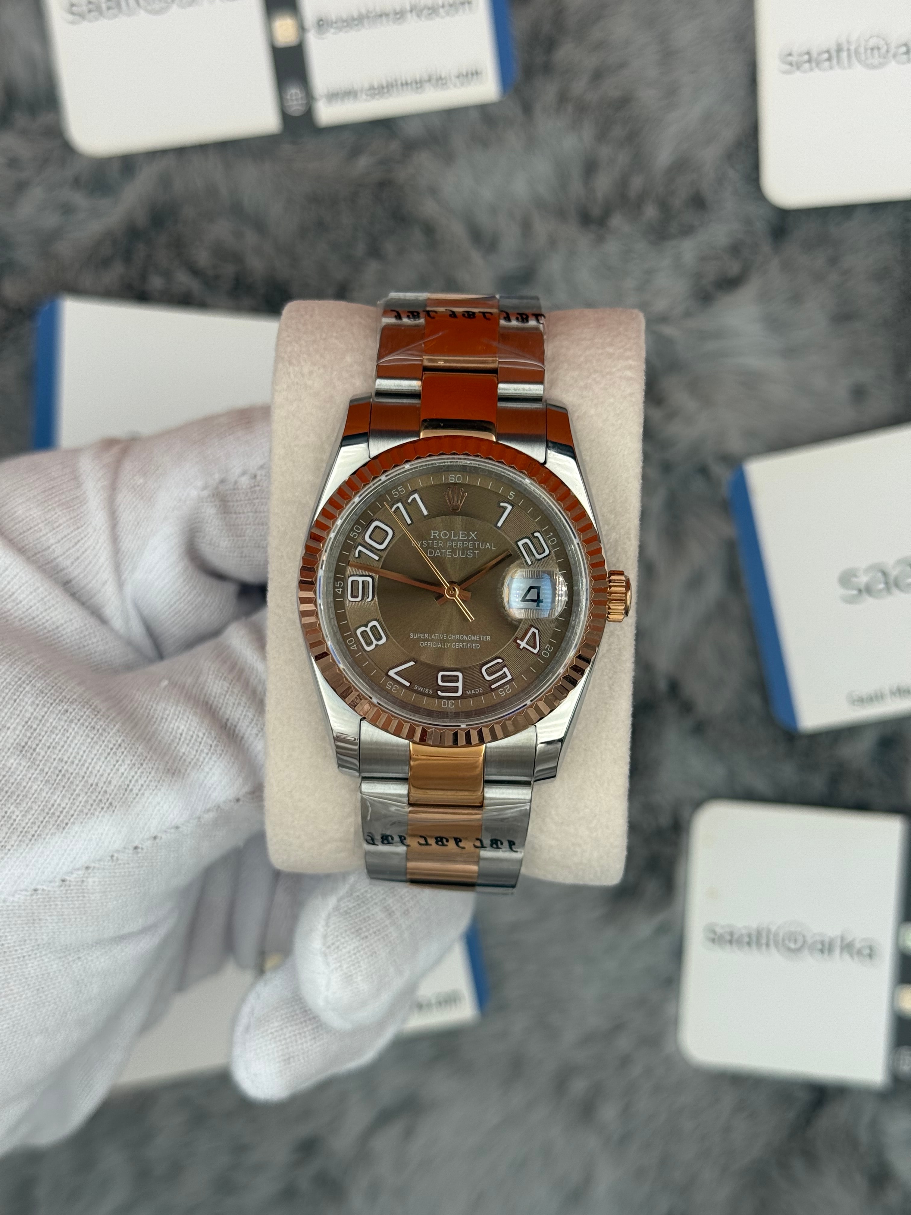 ROLEX Datejust 36mm kahverengi kadran silver kasa rose silver oyster kordon 