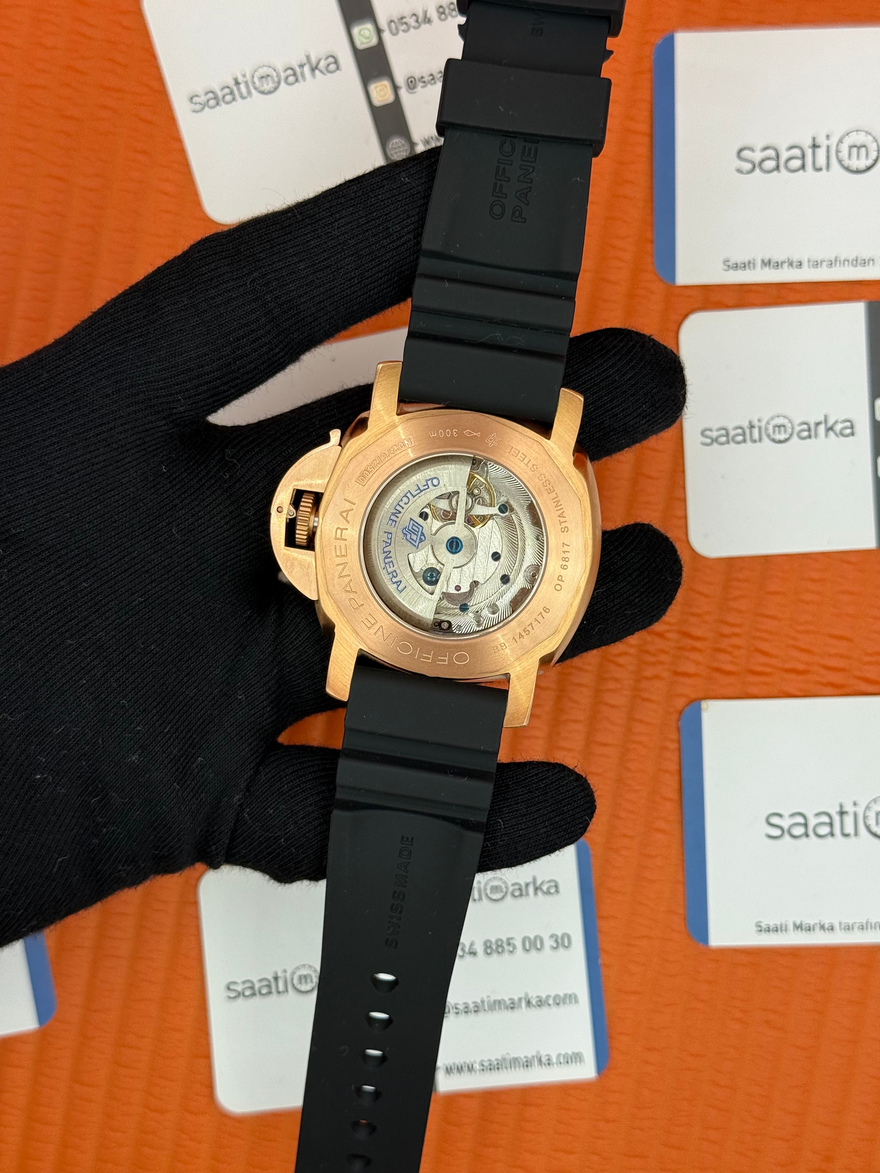 PANERAI submersible automatic rose kasa siyah bezel siyah kauçuk kordon