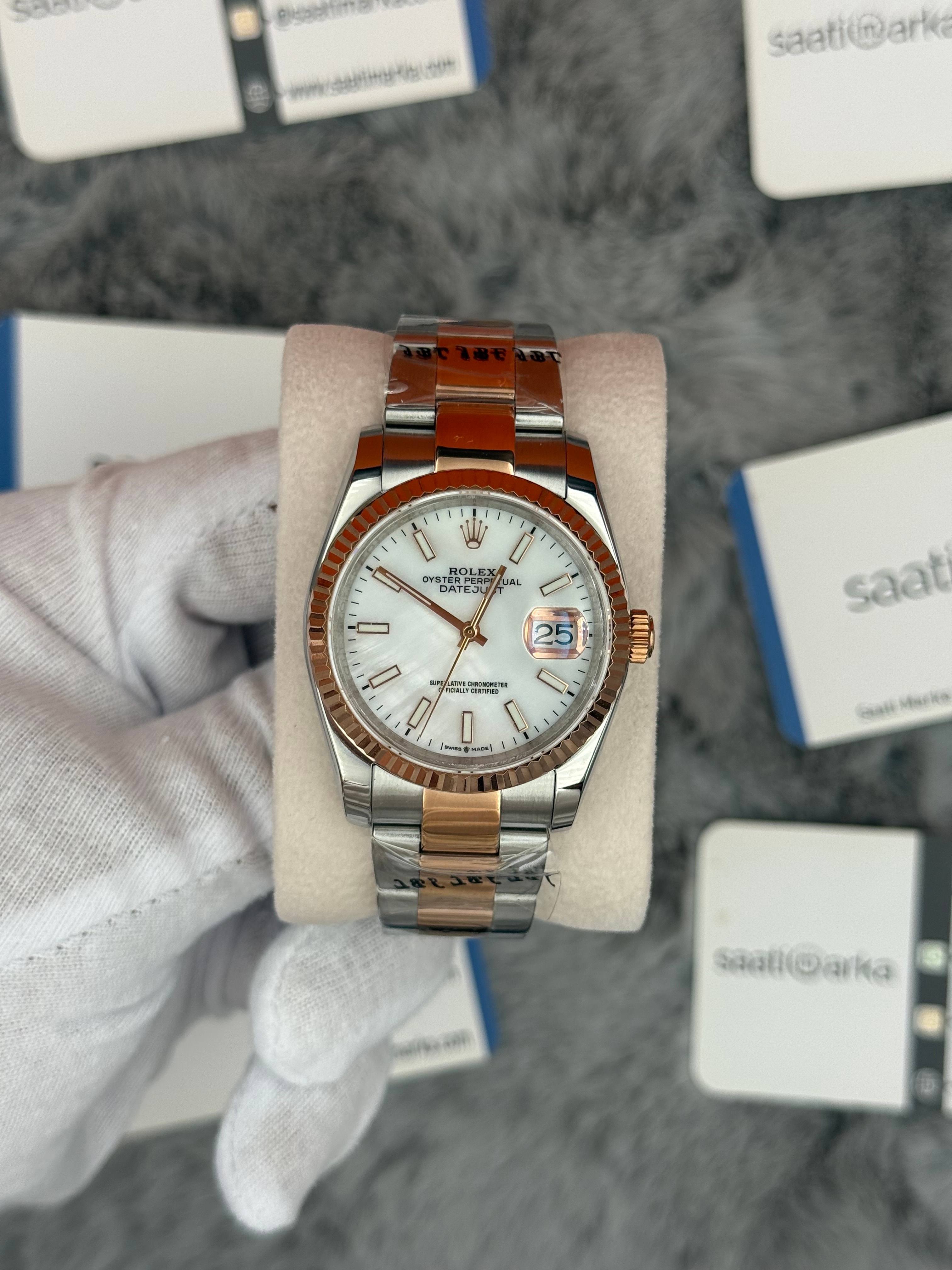 ROLEX Datejust 36mm beyaz kadran silver kasa rose silver oyster kordon 