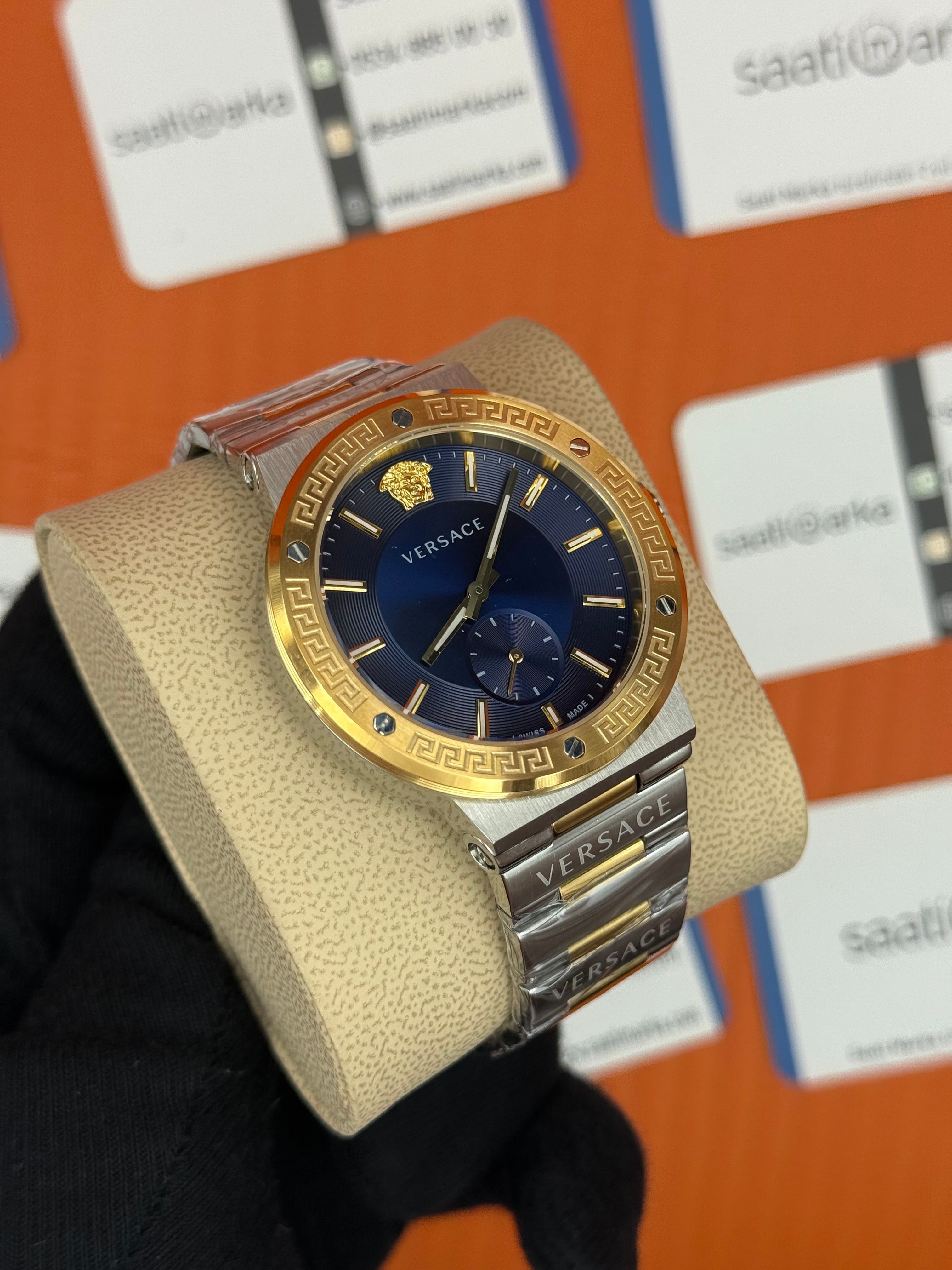 VERSACE mavi kadran gold silver kasa kordon erkek kol saati