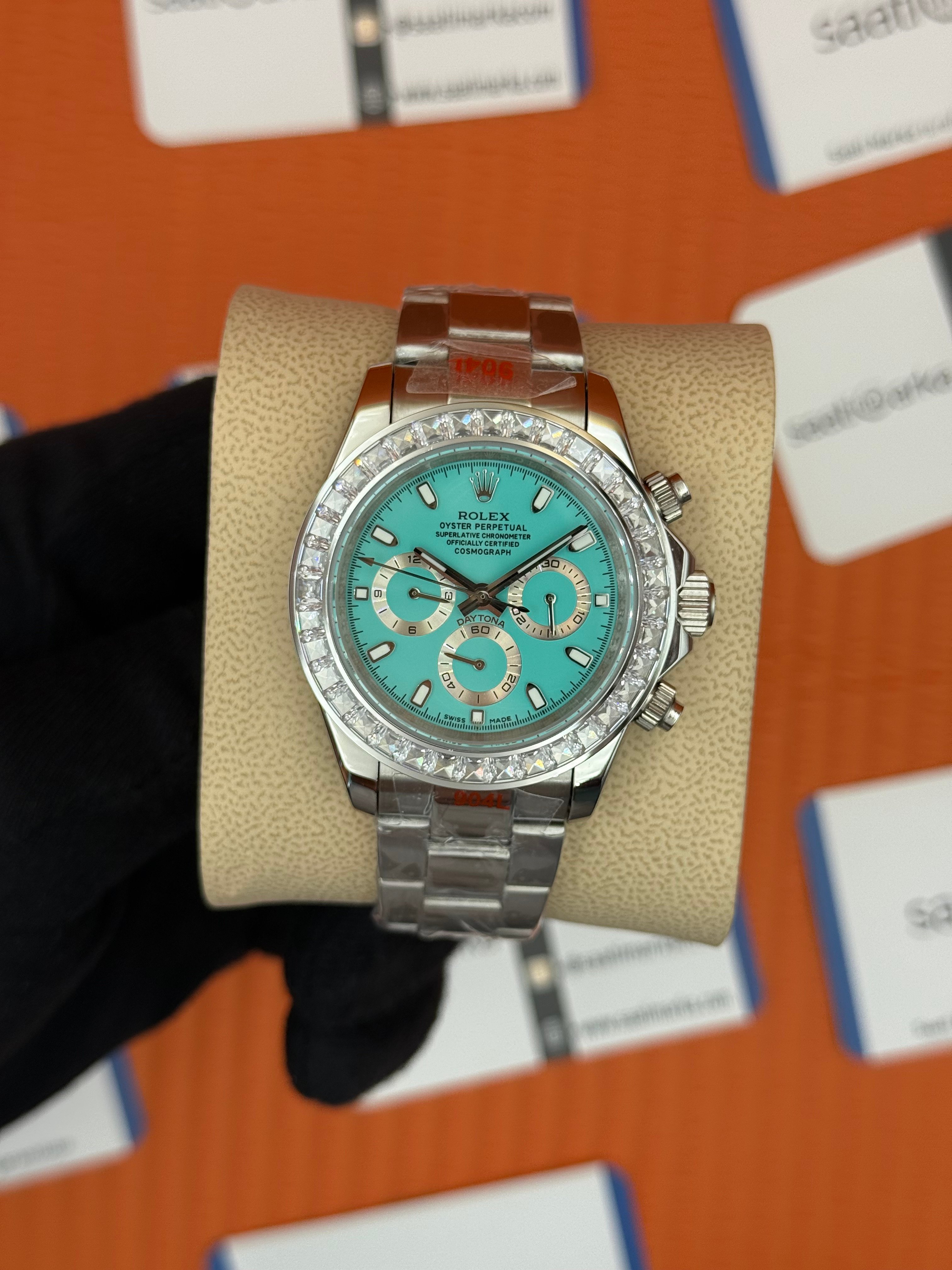 ROLEX Daytona taşlı bezel turguoise dial silver kasa-kordon