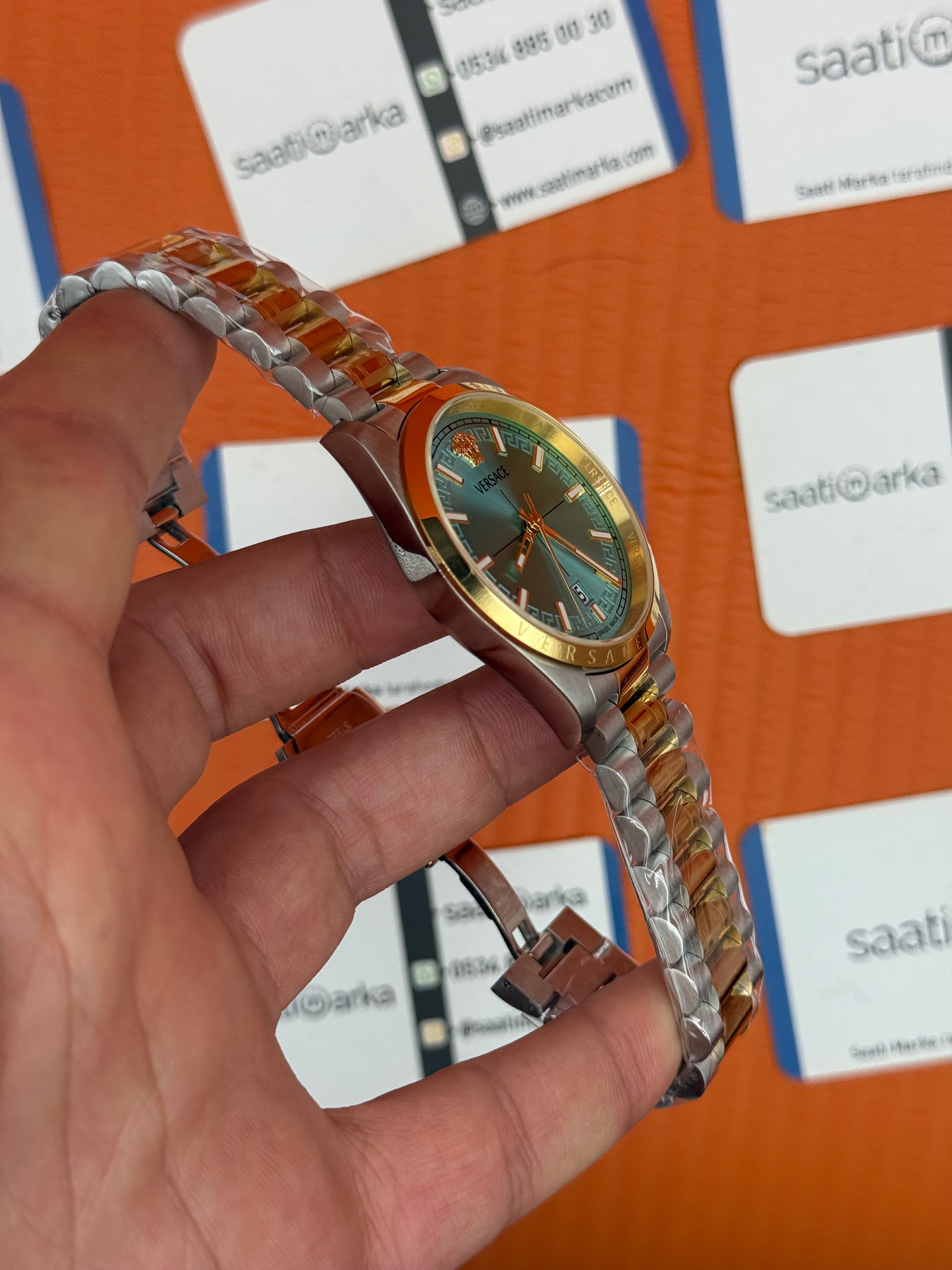 VERSACE 40mm turkuaz kadran gold silver kasa kordon erkek kol saati