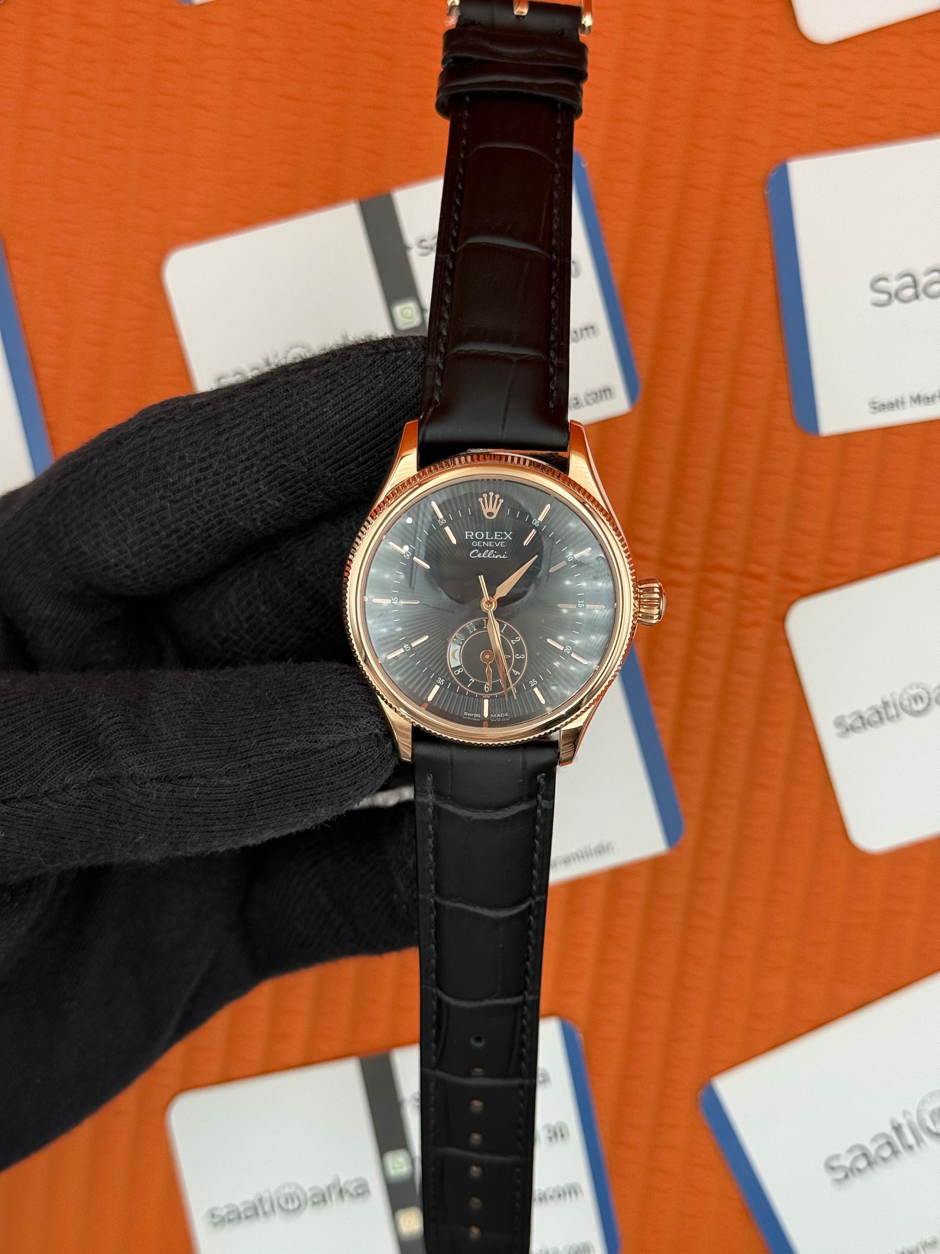 ROLEX Cellini rose kasa siyah kadran siyah deri kordon