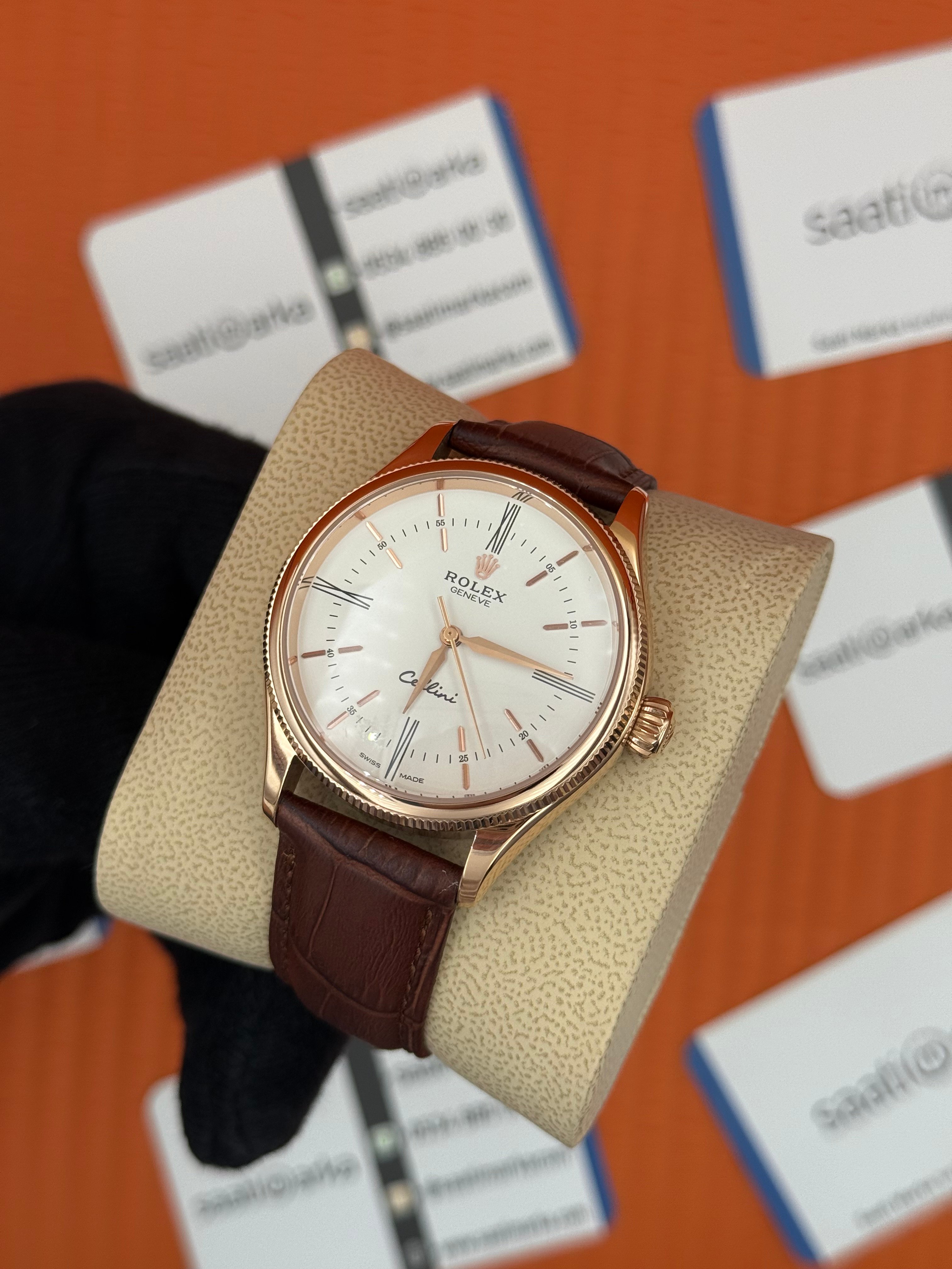 ROLEX Cellini rose kasa beyaz kadran kahverengi deri kordon