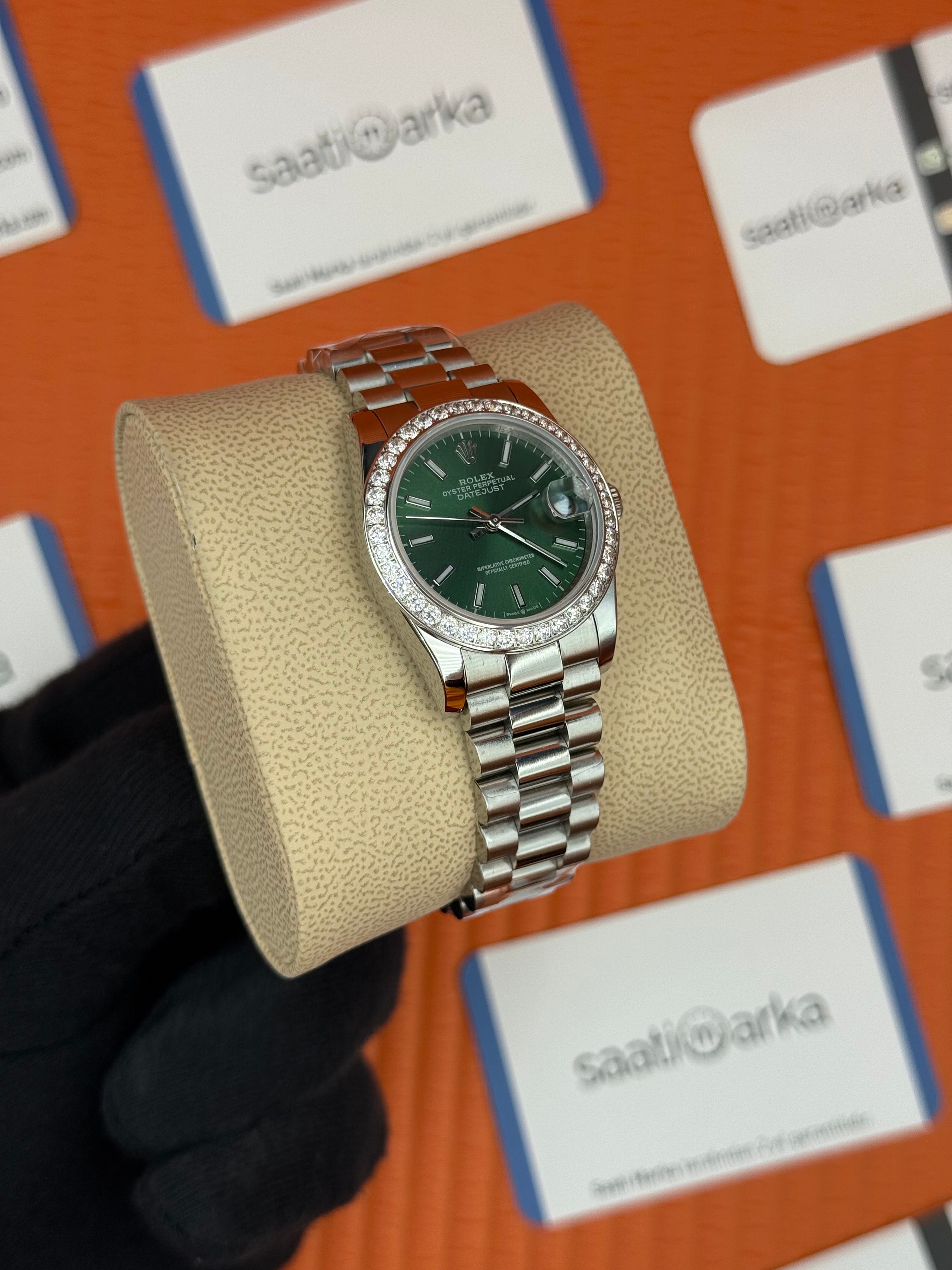 ROLEX datejust 31mm yeşil kadran silver president kordon taşlı bezel 
