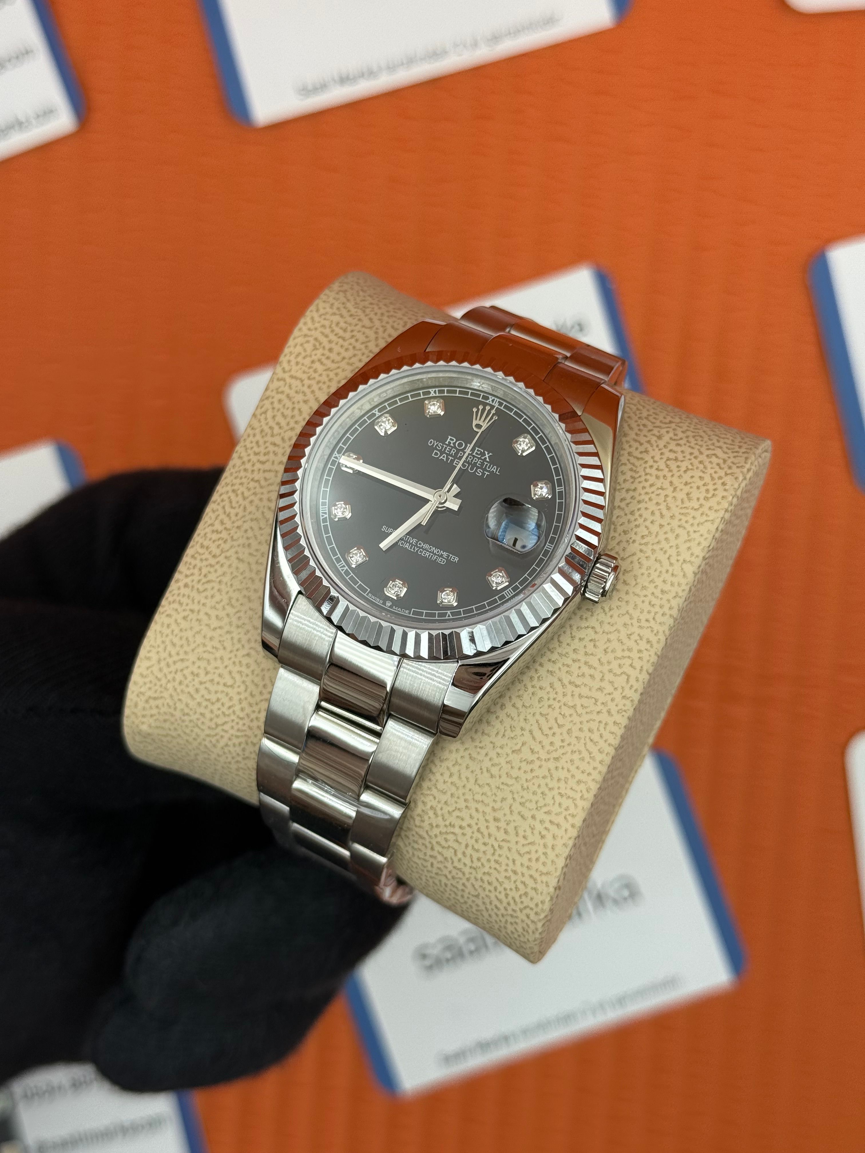 ROLEX Datejust baget taşlı black dial silver oyster kordon