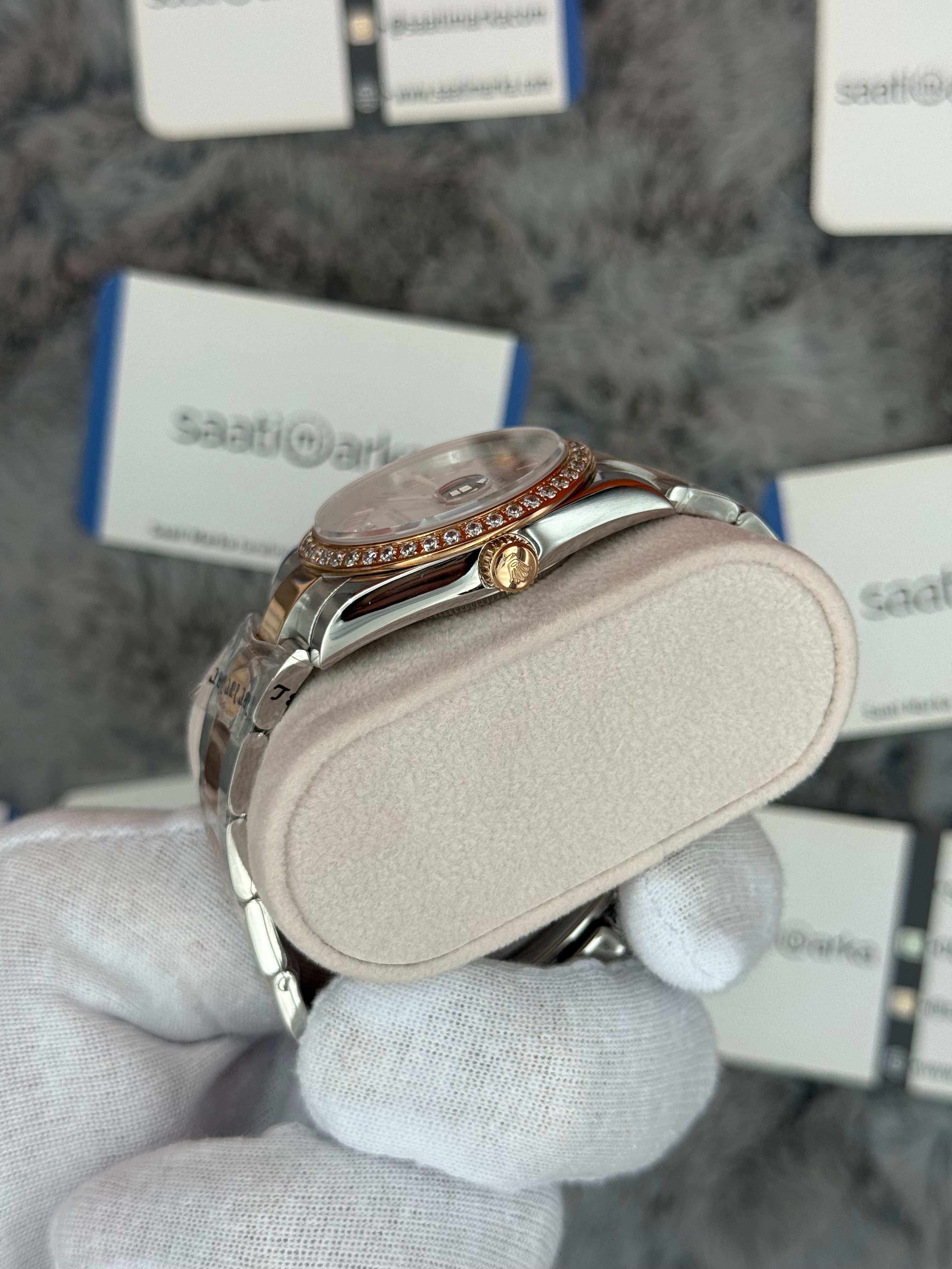 ROLEX Datejust 36mm beyaz kadran taşlı bezel silver kasa rose silver kordon 