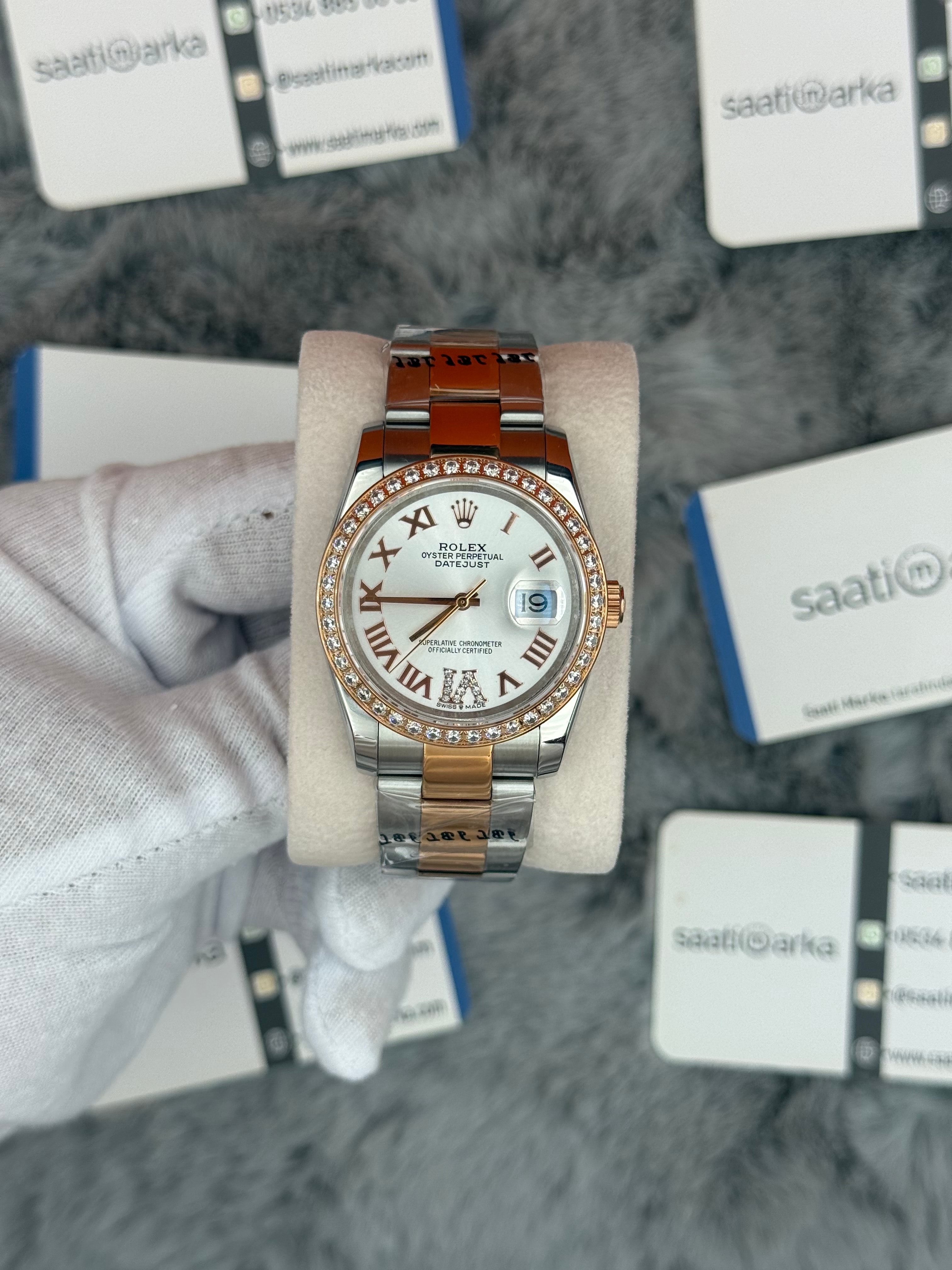 ROLEX Datejust 36mm beyaz kadran taşlı bezel silver kasa rose silver kordon 