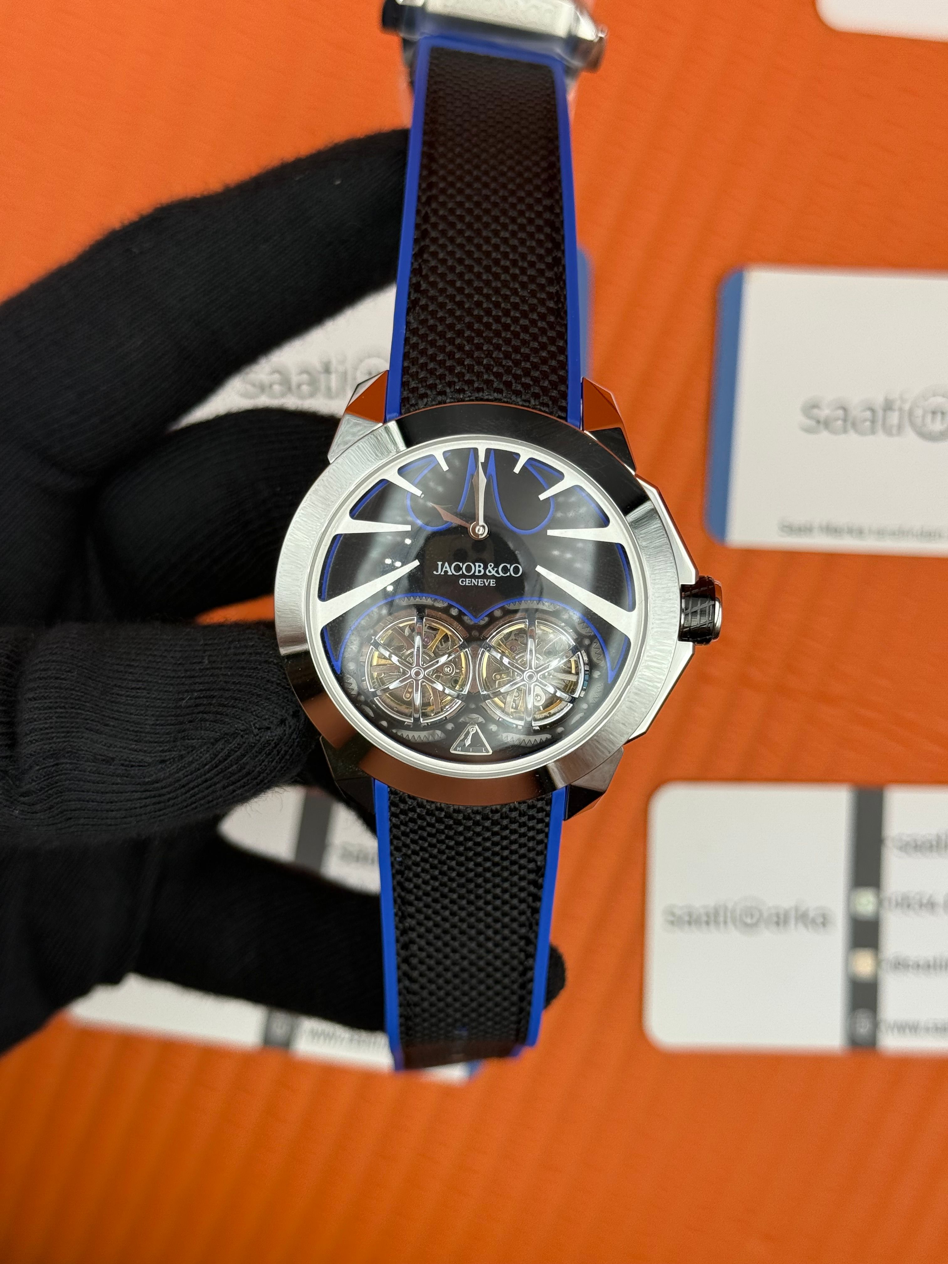 JACOB&CO siyah turbillon kadran mavi siyah kauçuk kordon silver kasa 
