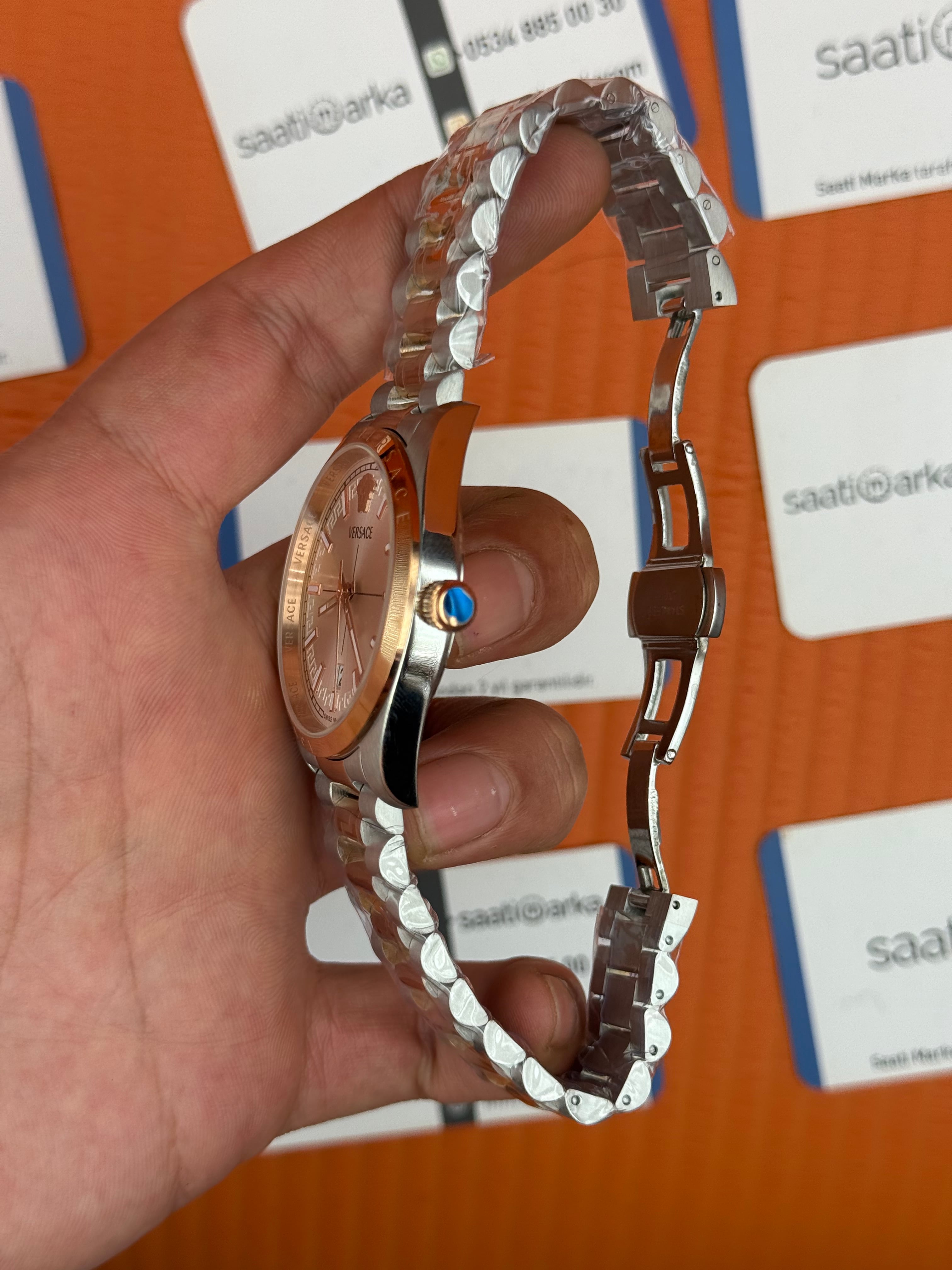 VERSACE 40mm beyaz kadran rose silver kasa kordon erkek kol saati