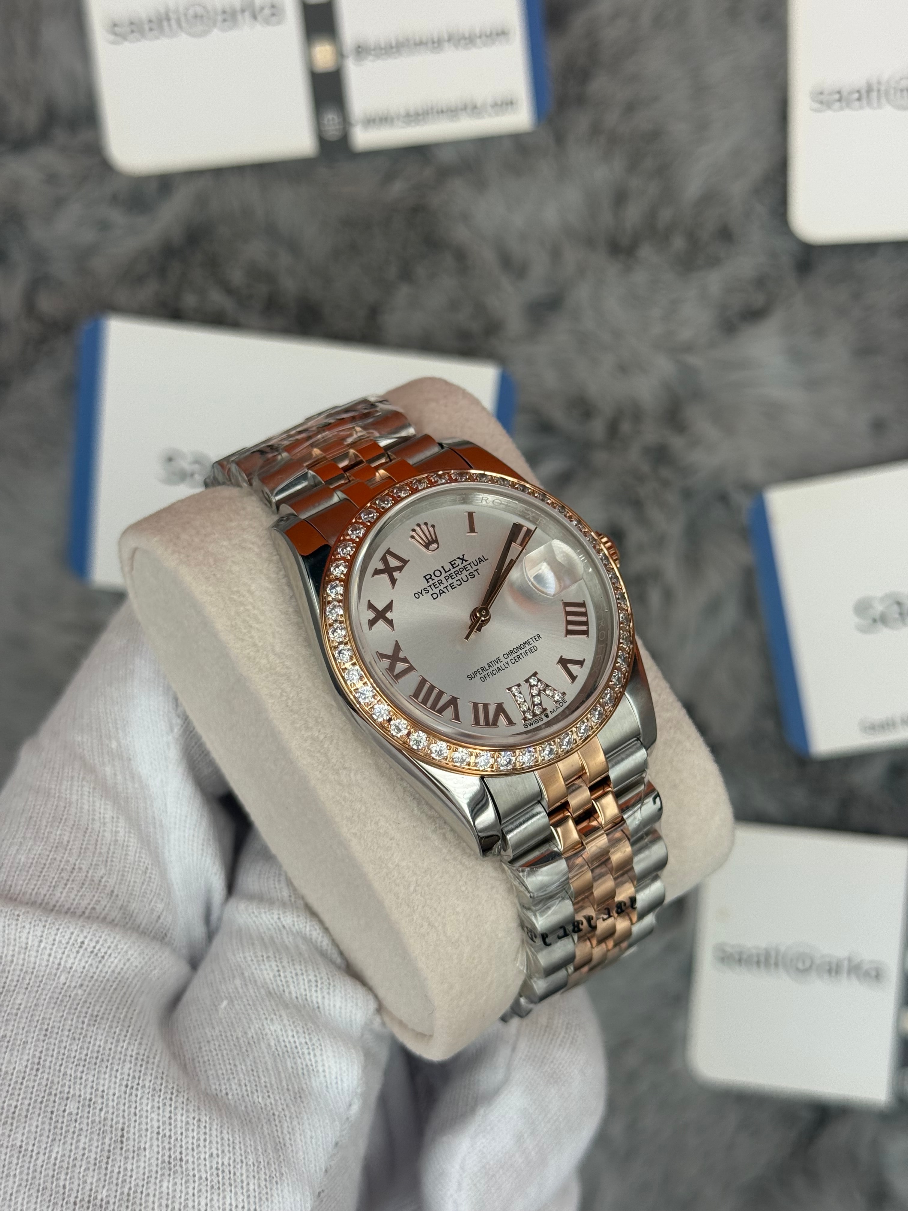 ROLEX Datejust 36mm beyaz kadran taşlı bezel silver kasa rose silver jubilee kordon