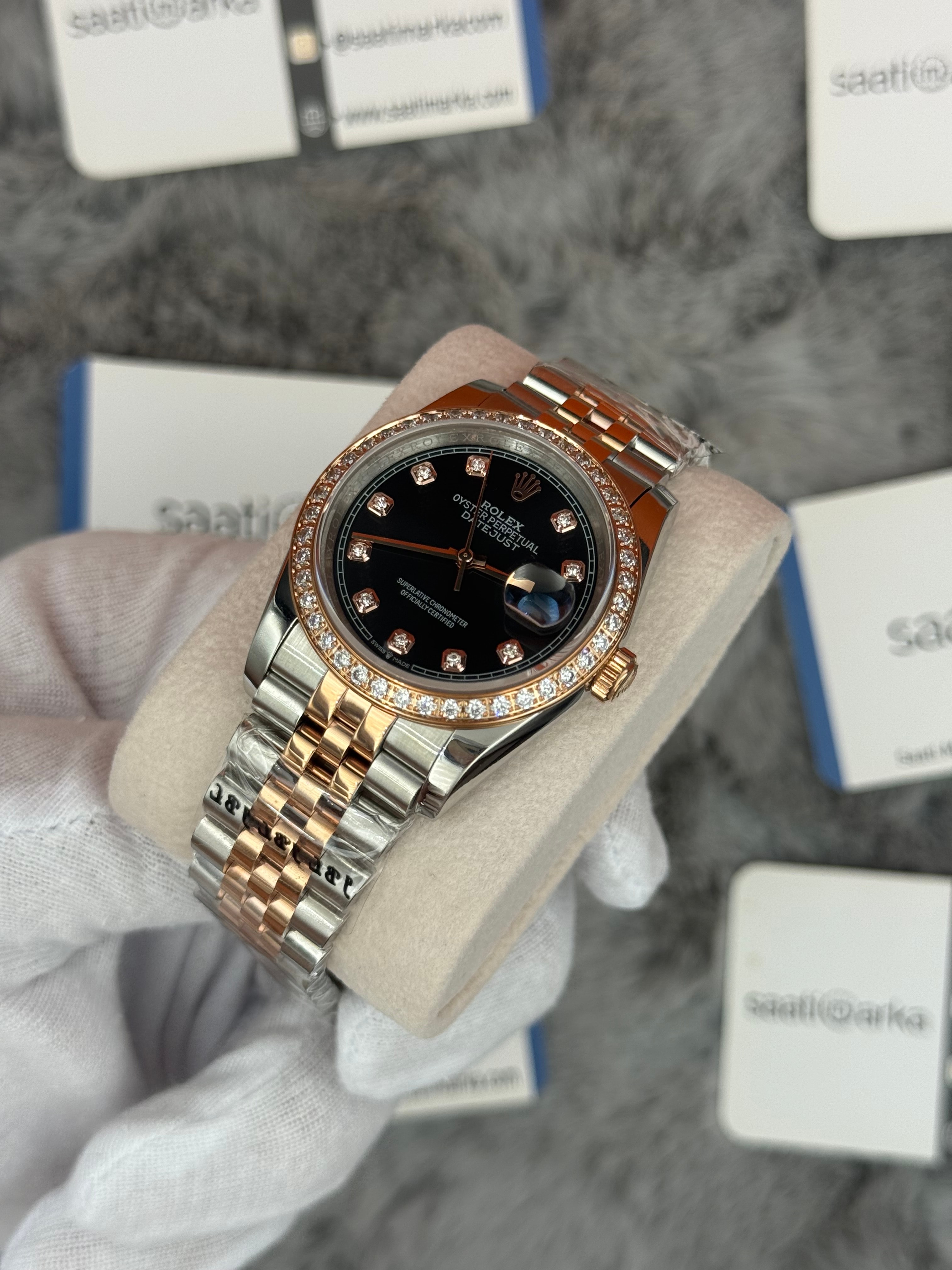 ROLEX Datejust 36mm siyah kadran taşlı bezel rose silver jubilee kordon