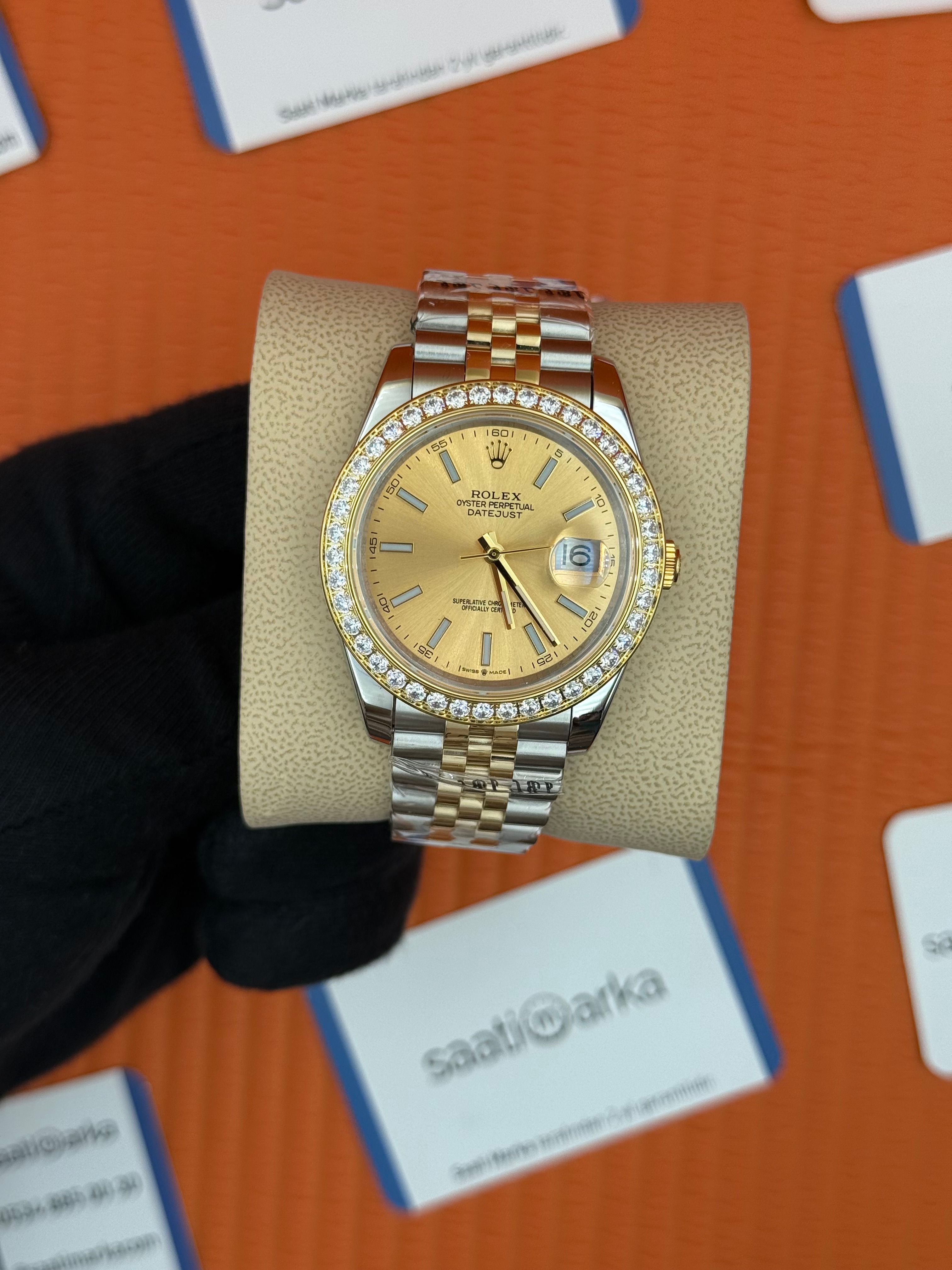 ROLEX Datejust taşlı bezel champagne dial gold silver jubilee krodon