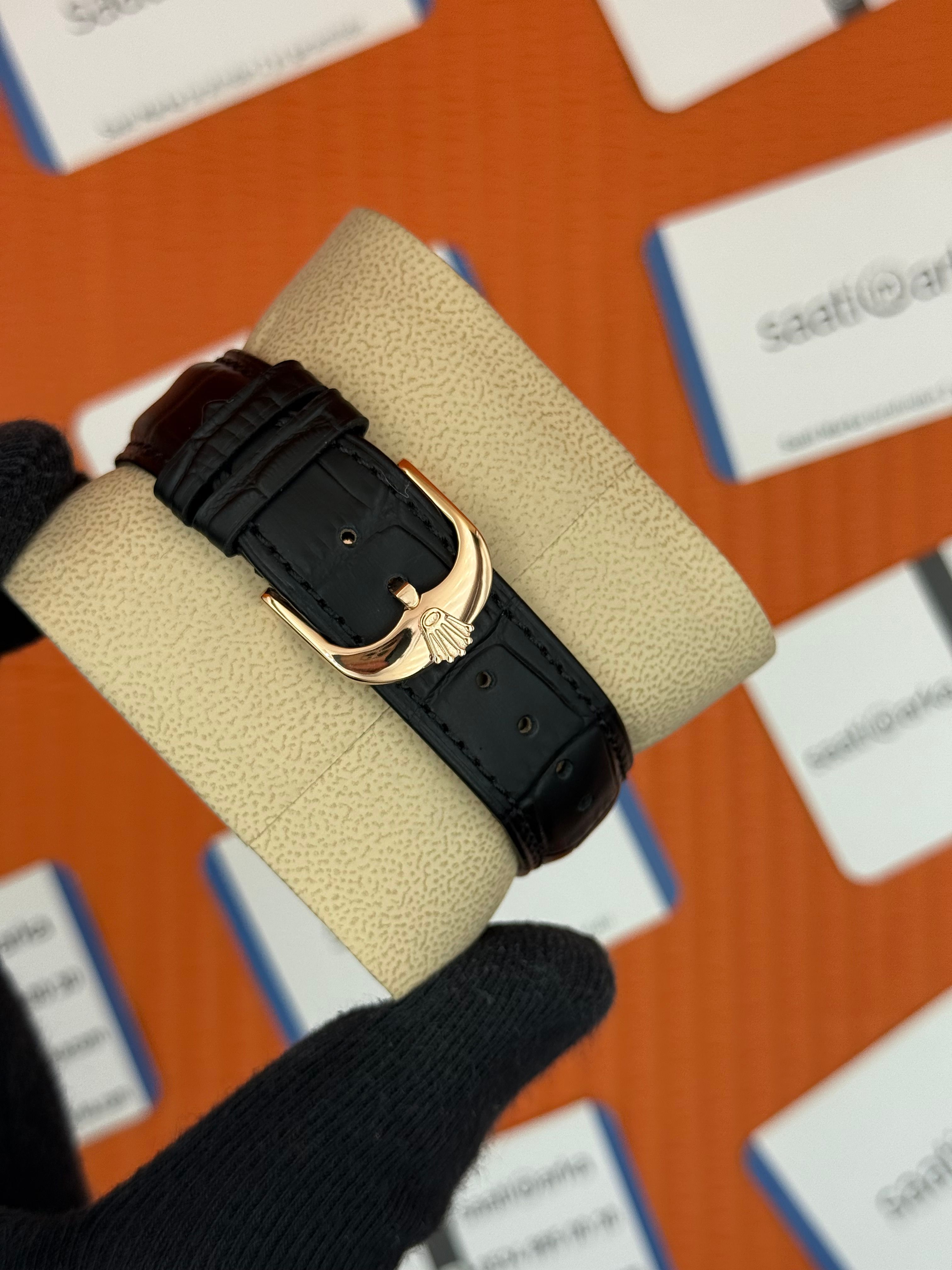 ROLEX Cellini rose kasa siyah kadran siyah deri kordon