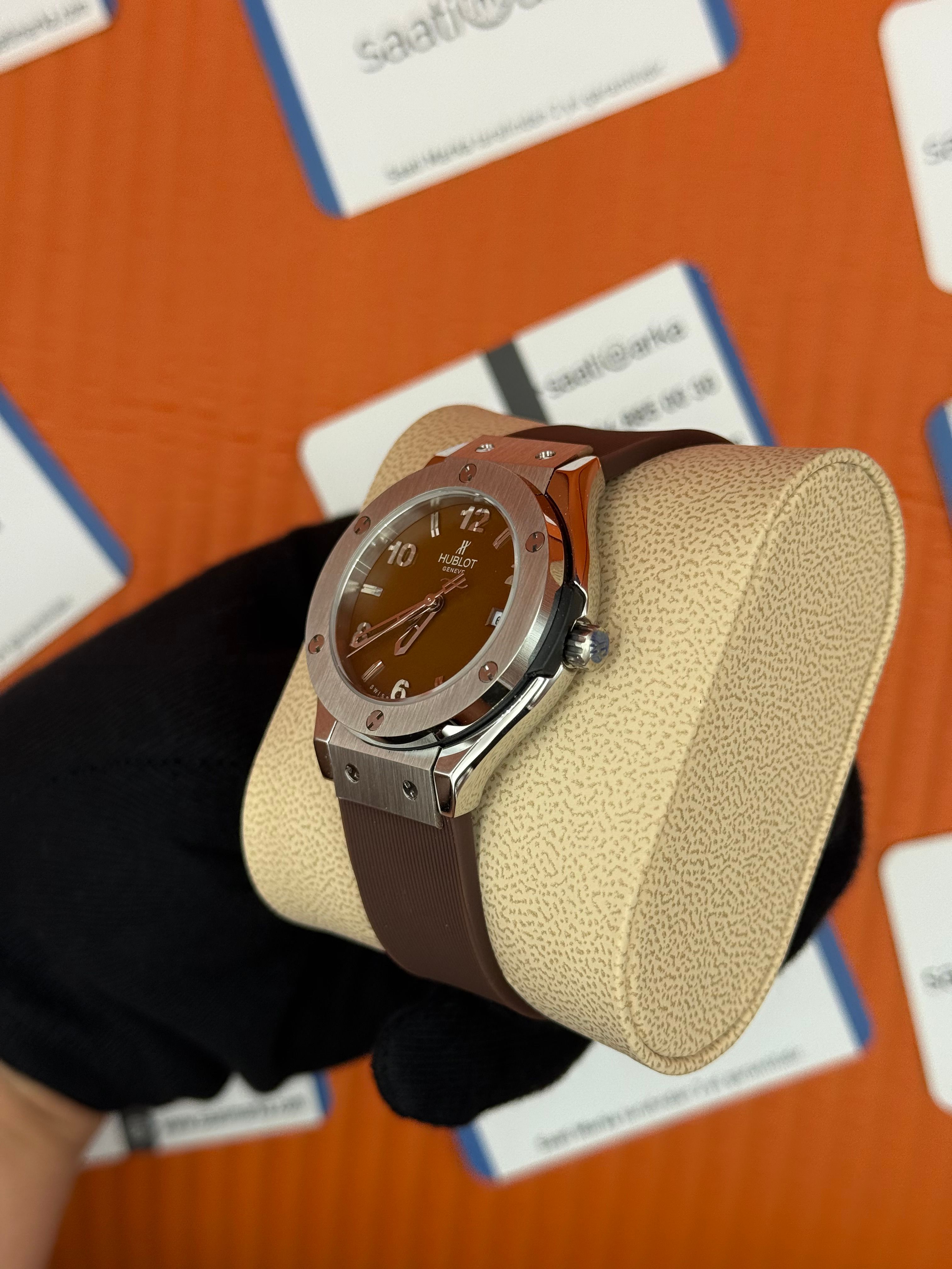 HUBLOT kahverengi kadran kahverengi kauçuk kordon silver kasa kadın kol saati