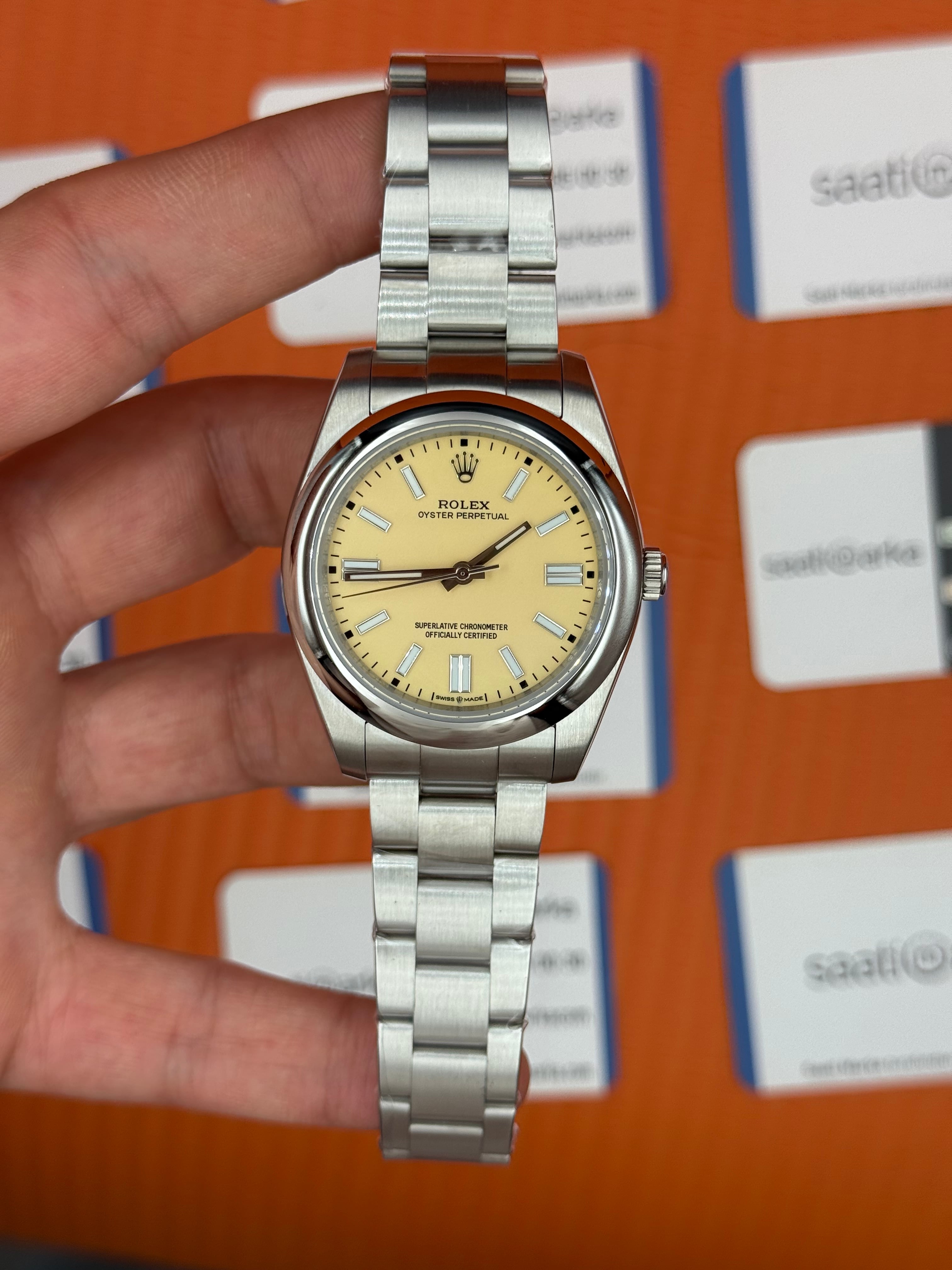 ROLEX oyster perpetual bej kadran silver kasa kordon erkek kol saati