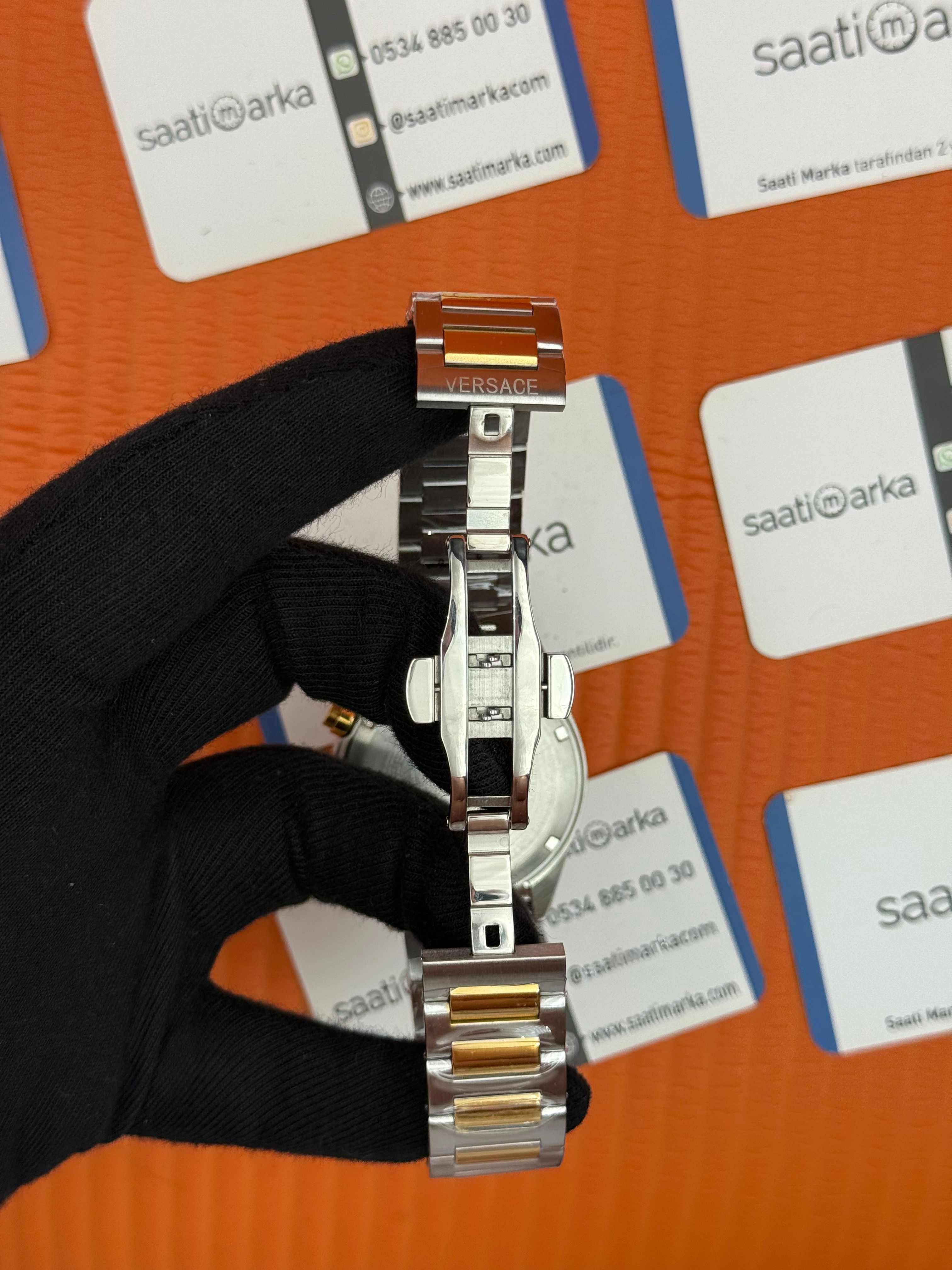 VERSACE mavi kadran gold silver kasa kordon siyah bezel erkek kol saati