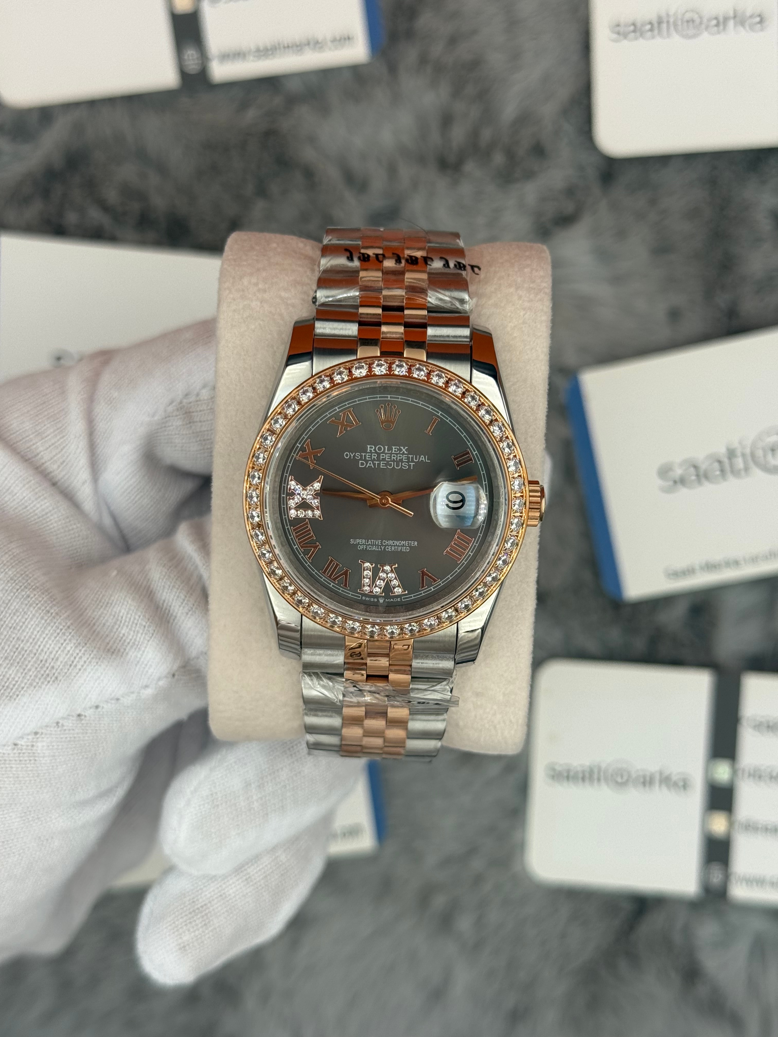 ROLEX Datejust 35mm gri kadran taşlı bezel silver kasa rose silver jubilee kordon