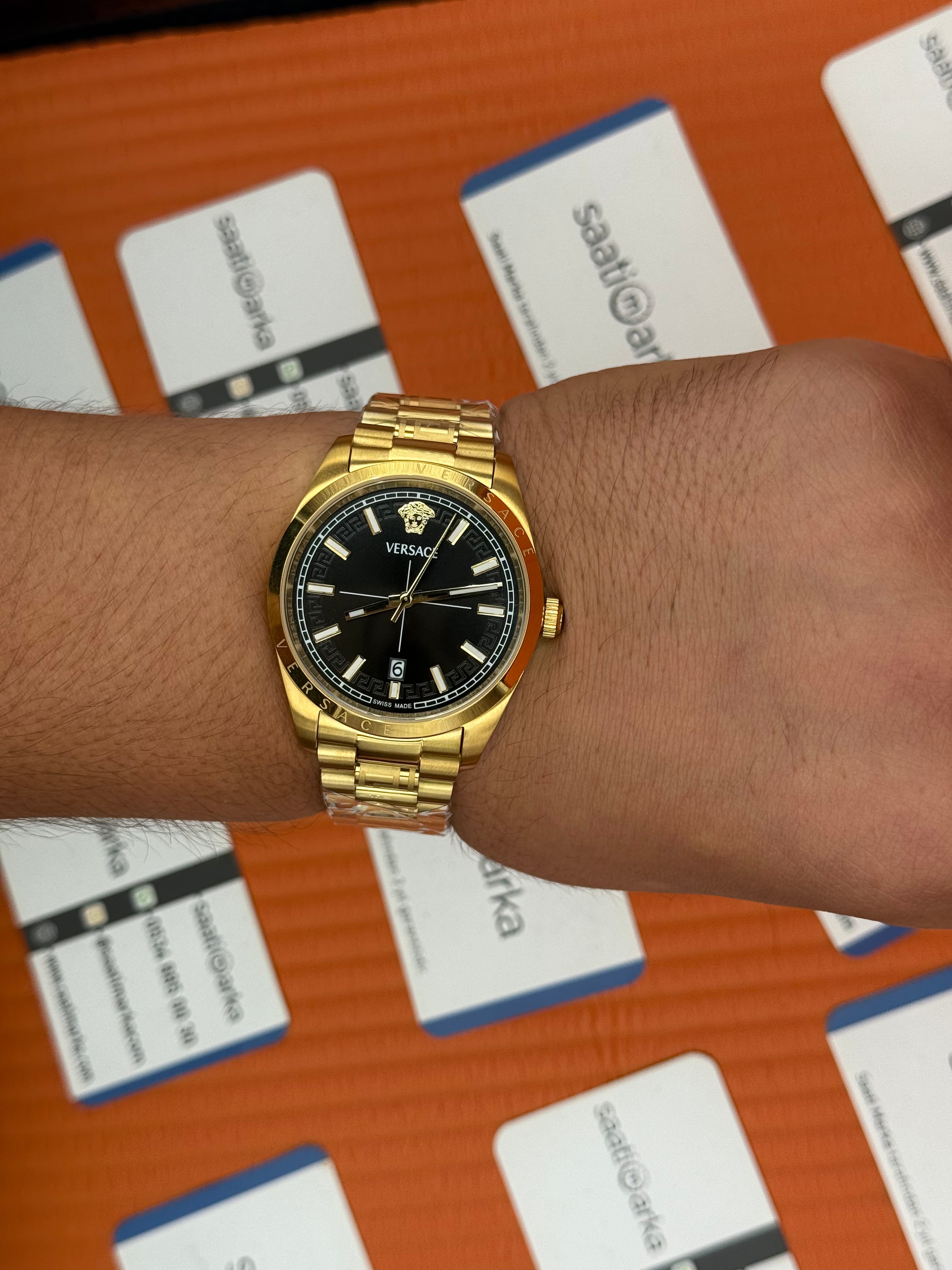VERSACE 40mm siyah kadran gold kasa kordon erkek kol saati