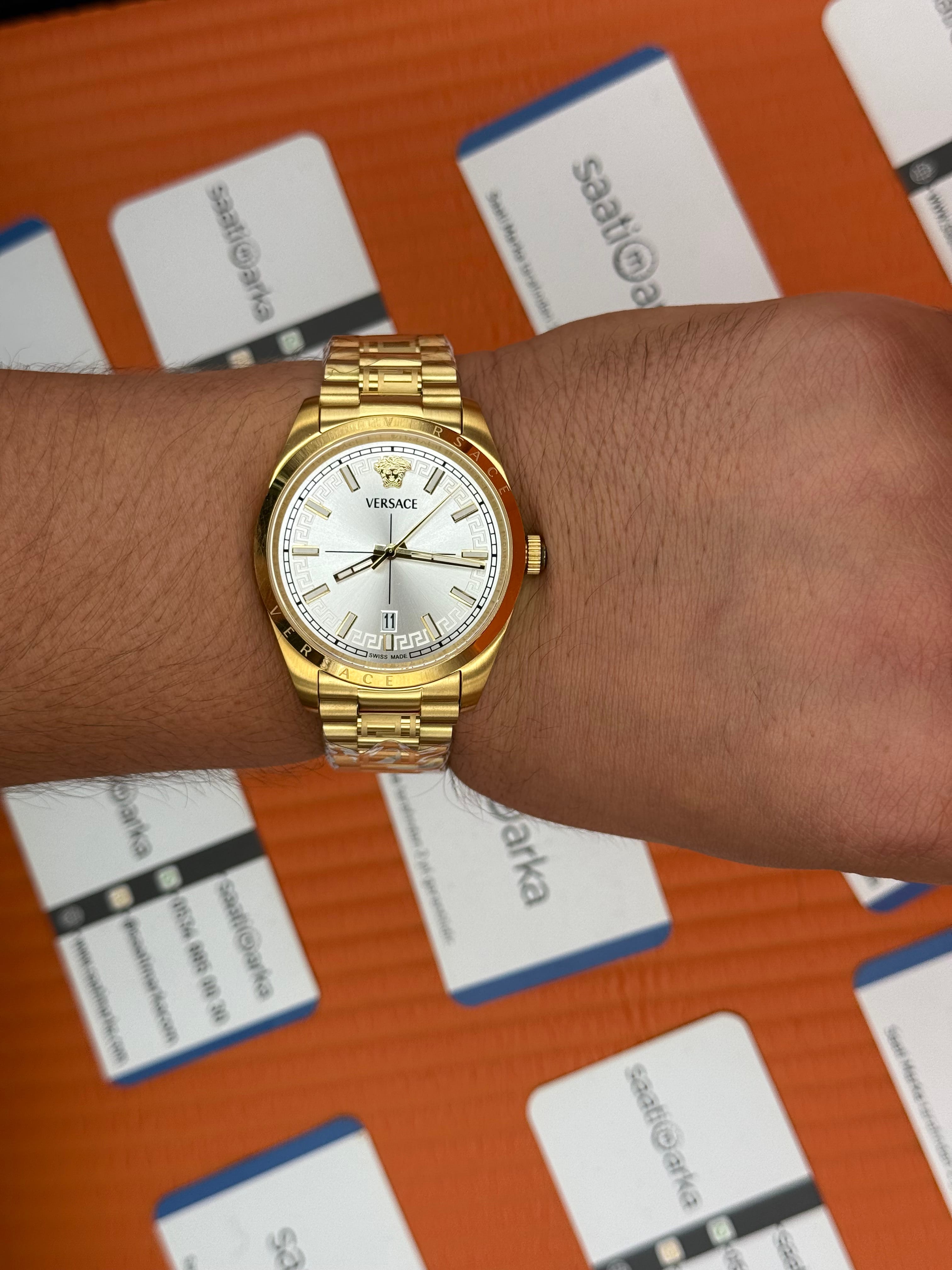 VERSACE 40mm beyaz kadran gold kasa kordon erkek kol saati